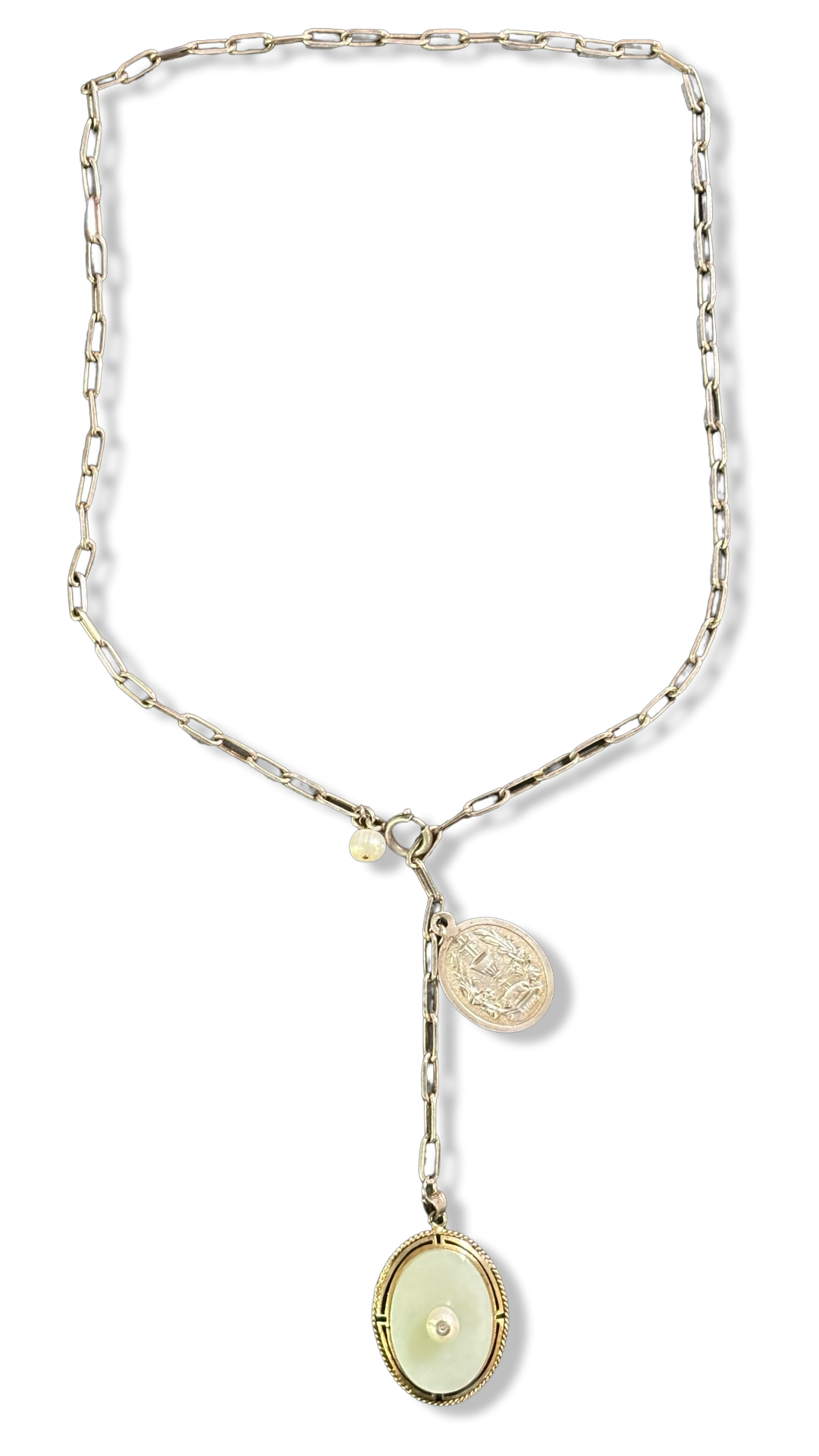 Collier lasso en argent, médaille de communion et jadéite