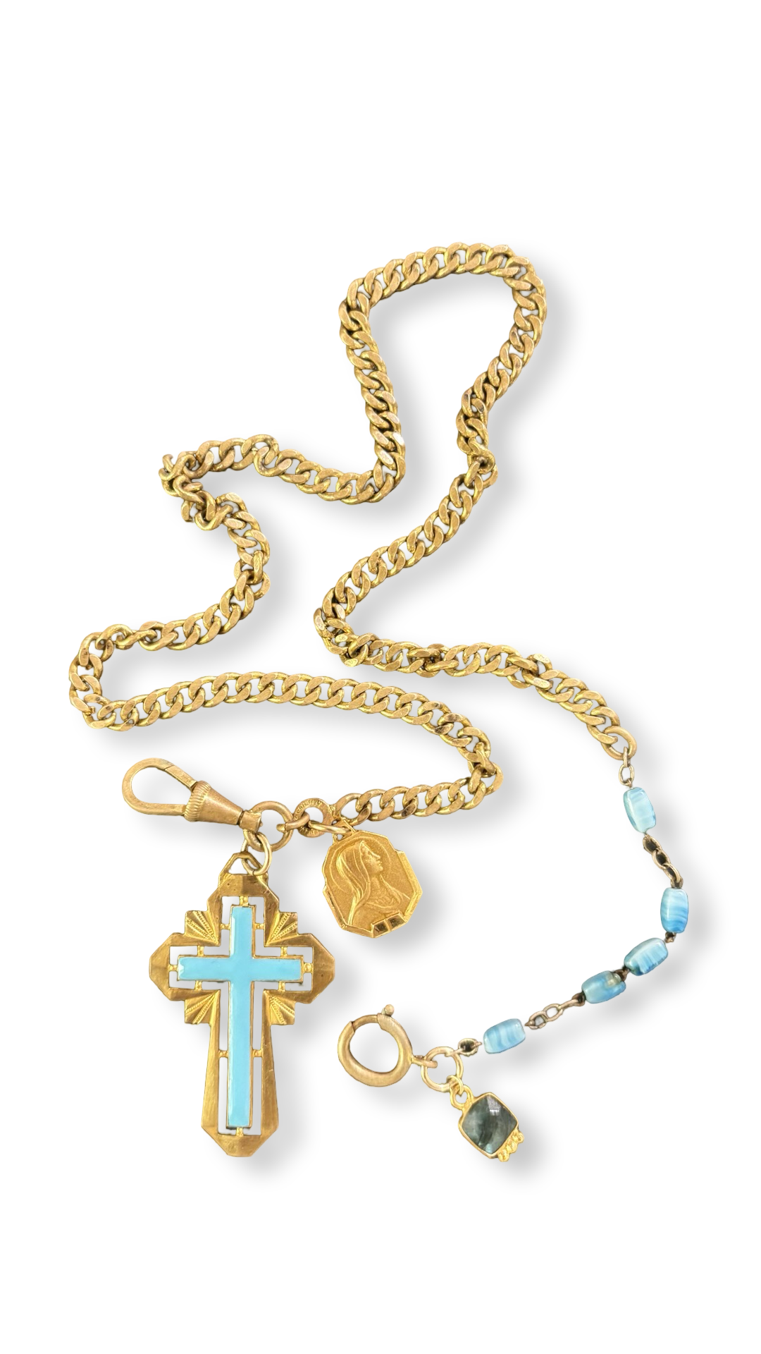 Collier chaîne ancienne et croix émaillée turquoise
