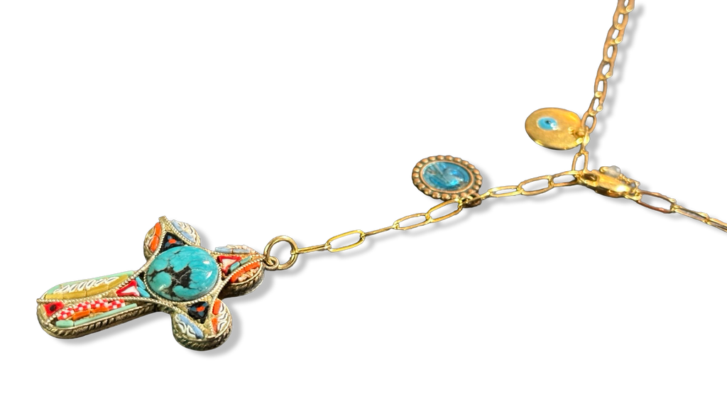 Collier lasso et croix italienne et turquoise