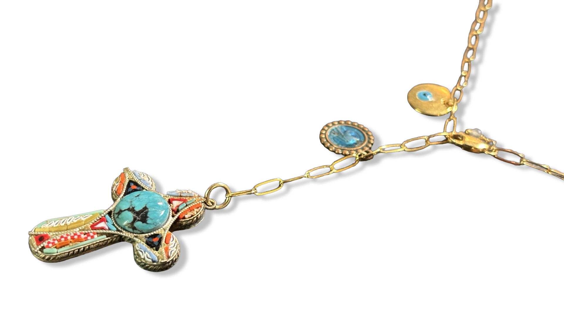 Collier lasso et croix italienne et turquoise