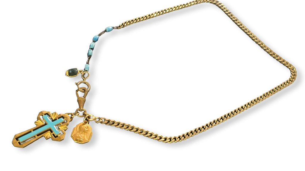 Collier chaîne ancienne et croix émaillée turquoise