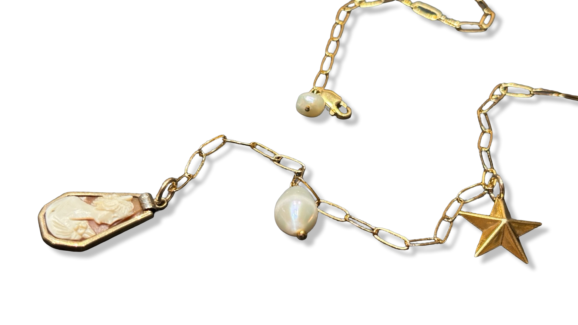 Collier lasso , Camee Art Deco et perle fantaisie