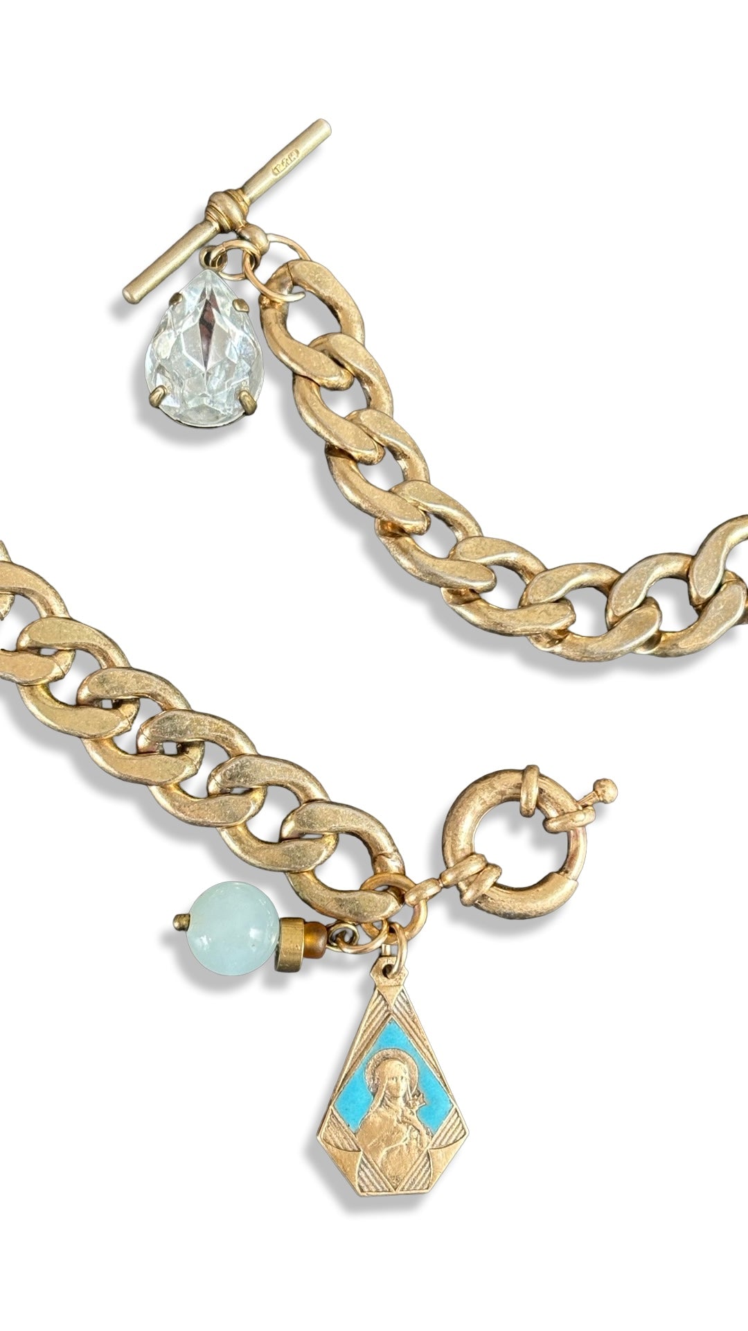 Collier maille gourmette, sainte Thérèse et goutte en strass