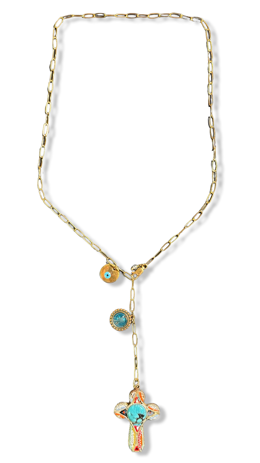 Collier lasso et croix italienne et turquoise