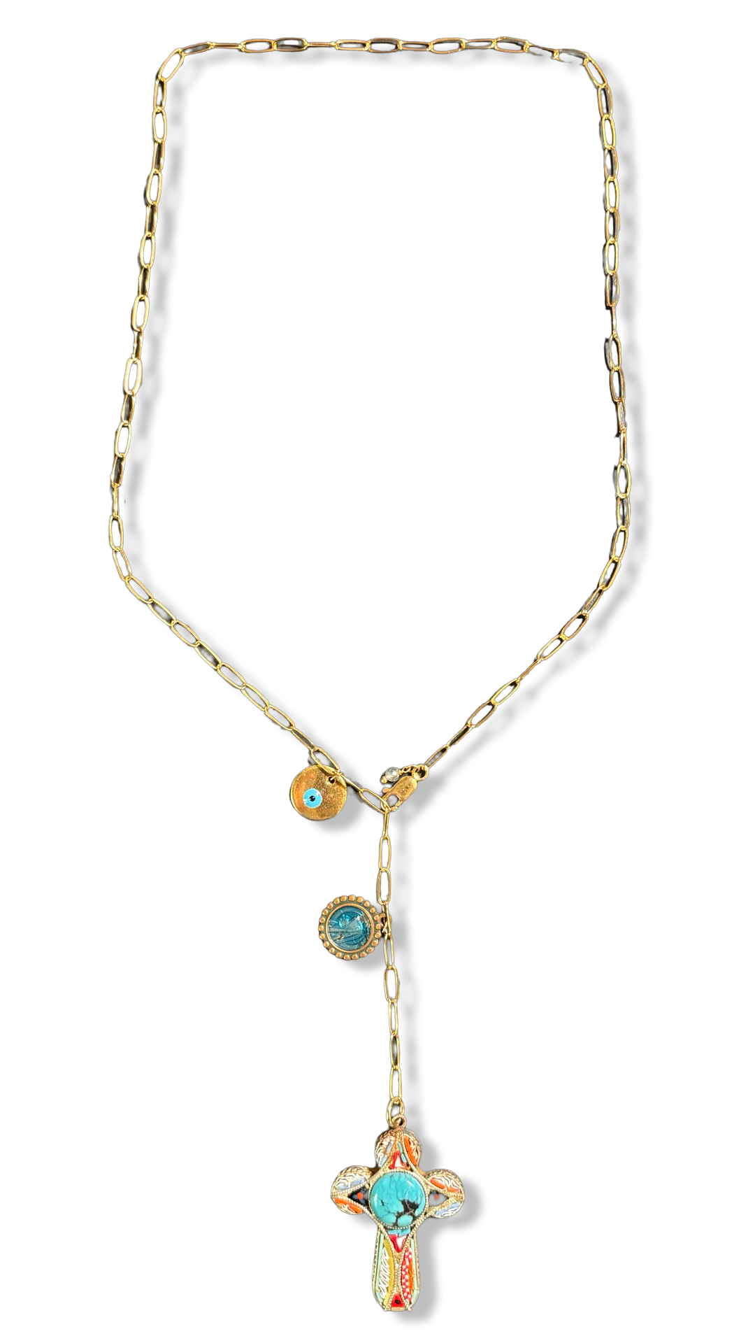 Collier lasso et croix italienne et turquoise