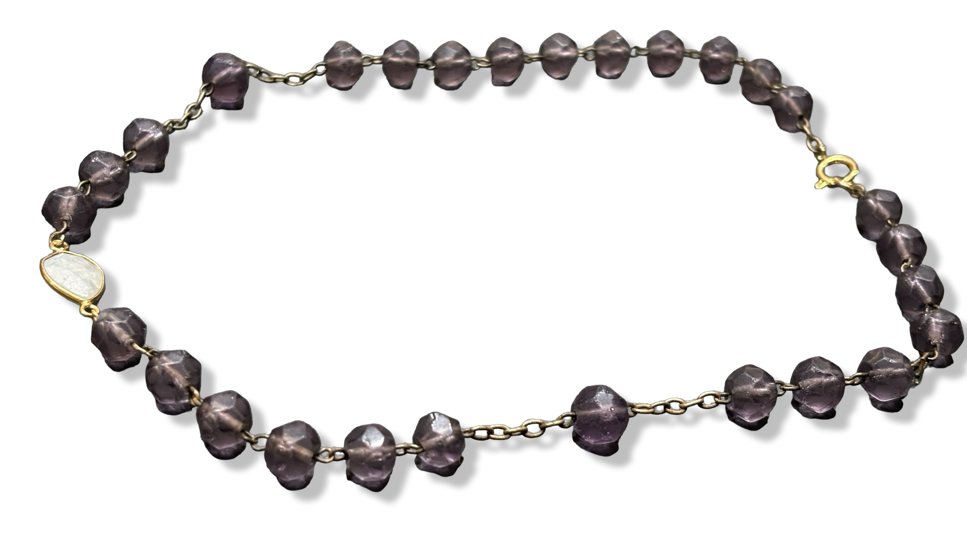 Collier chapelet en perles de verre mat violettes et Pierre de Lune