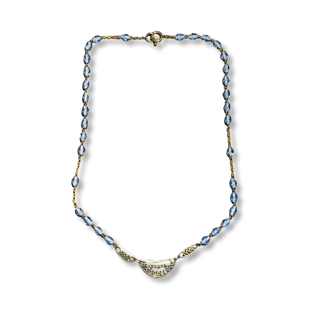 Collier chapelet bleu et motif ancien en filigrane