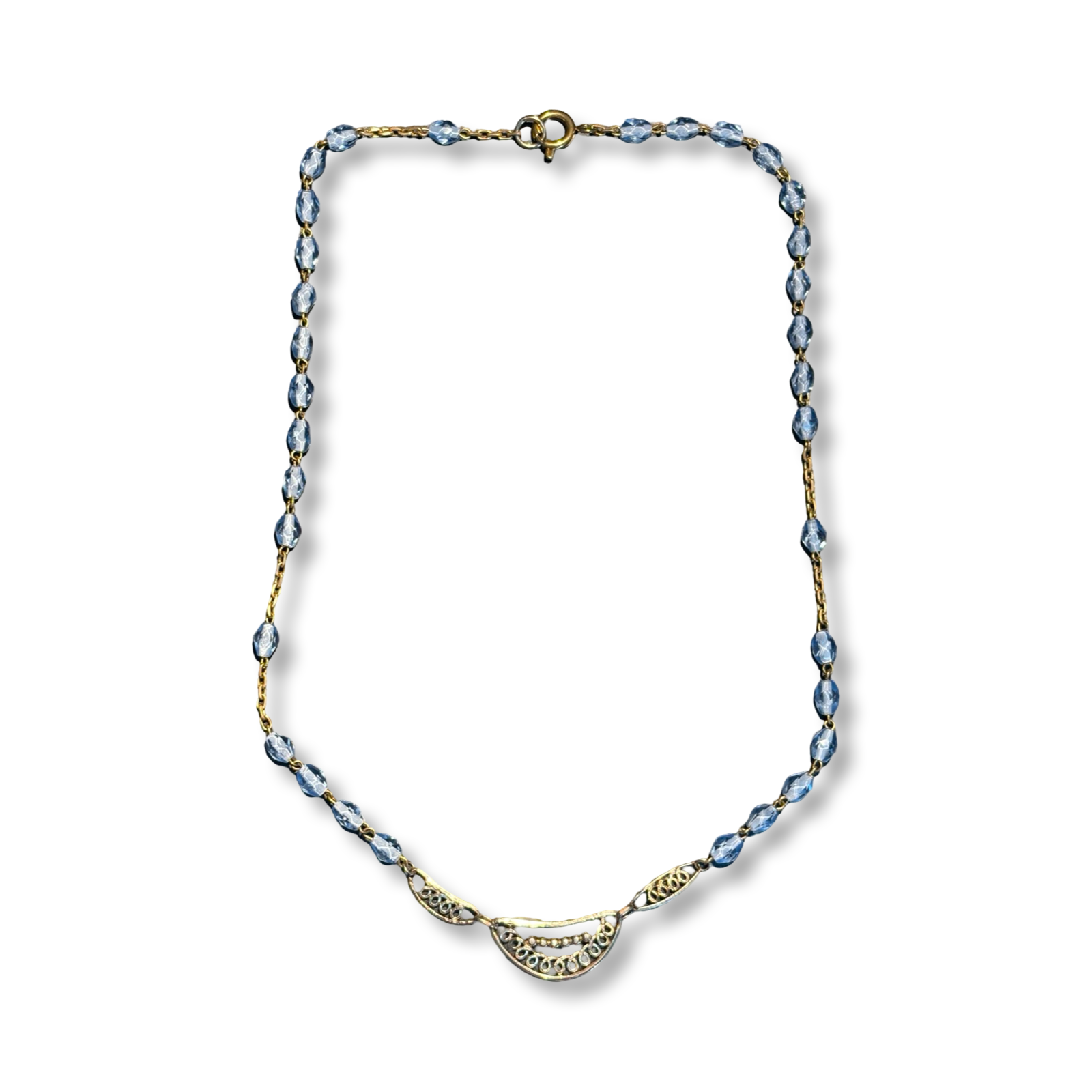 Collier chapelet bleu et motif ancien en filigrane