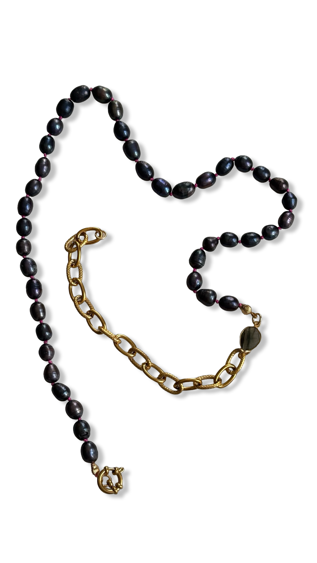 Sautoir de perles noires, labradorite et chaîne