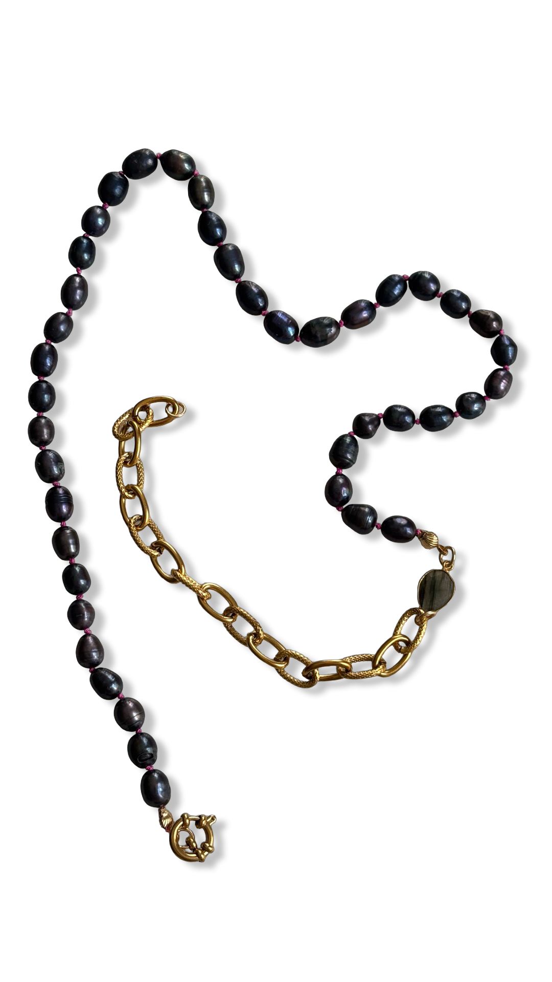 Sautoir de perles noires, labradorite et chaîne