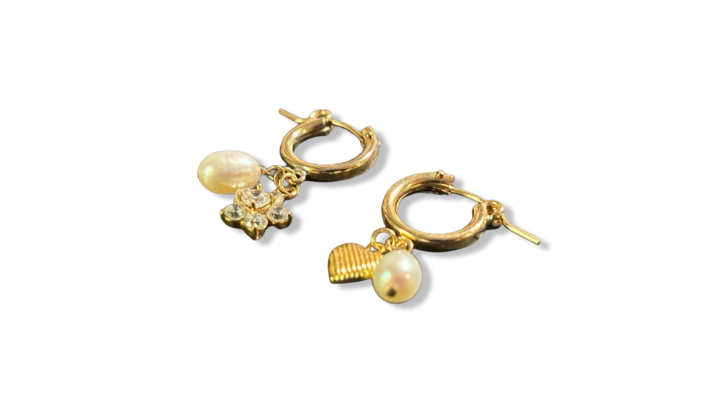 Mini créoles goldfilled, fleur en strass, cœur et perles