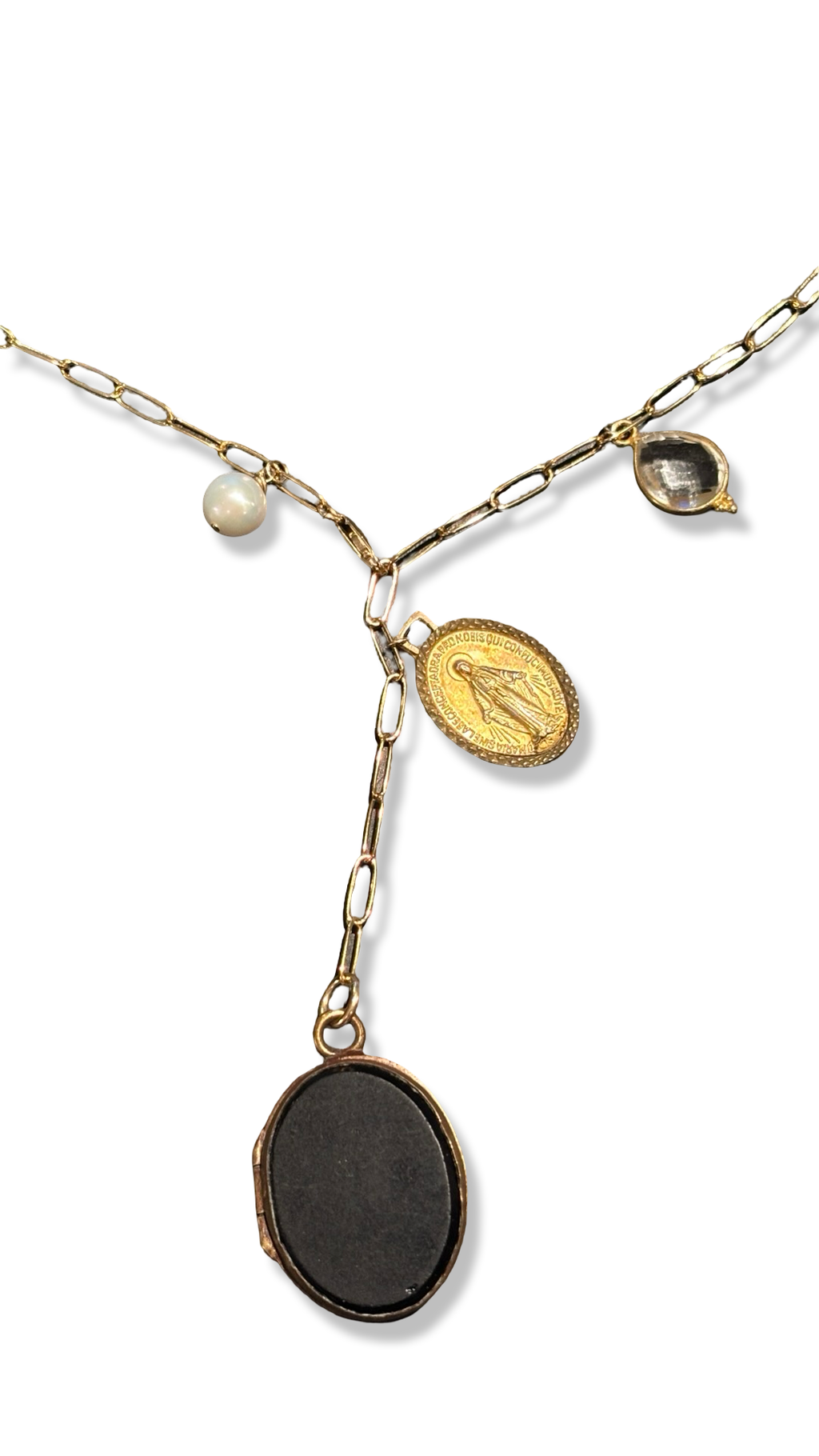 Collier lasso upcyclé , médaillon à secret et médaille miraculeuse