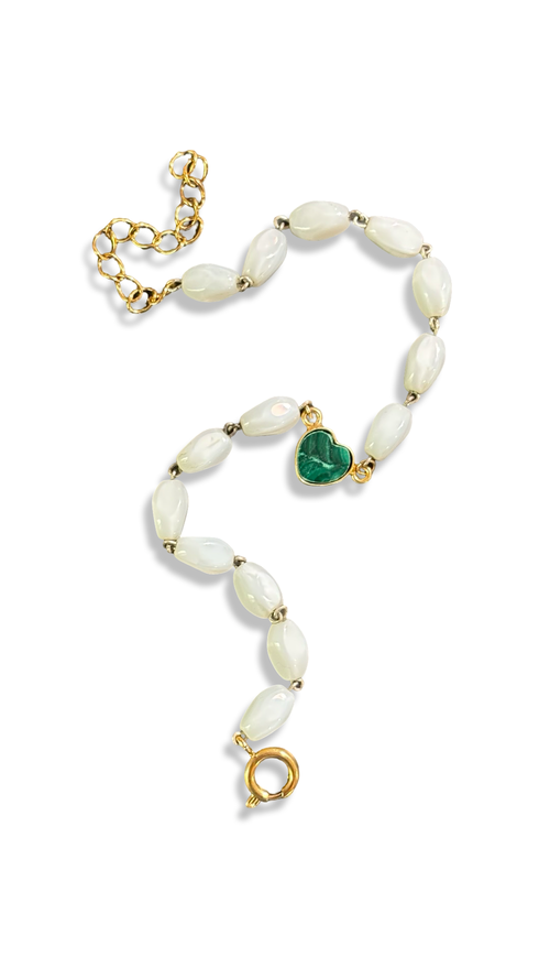 Bracelet chapelet blanc et cœur de malachite