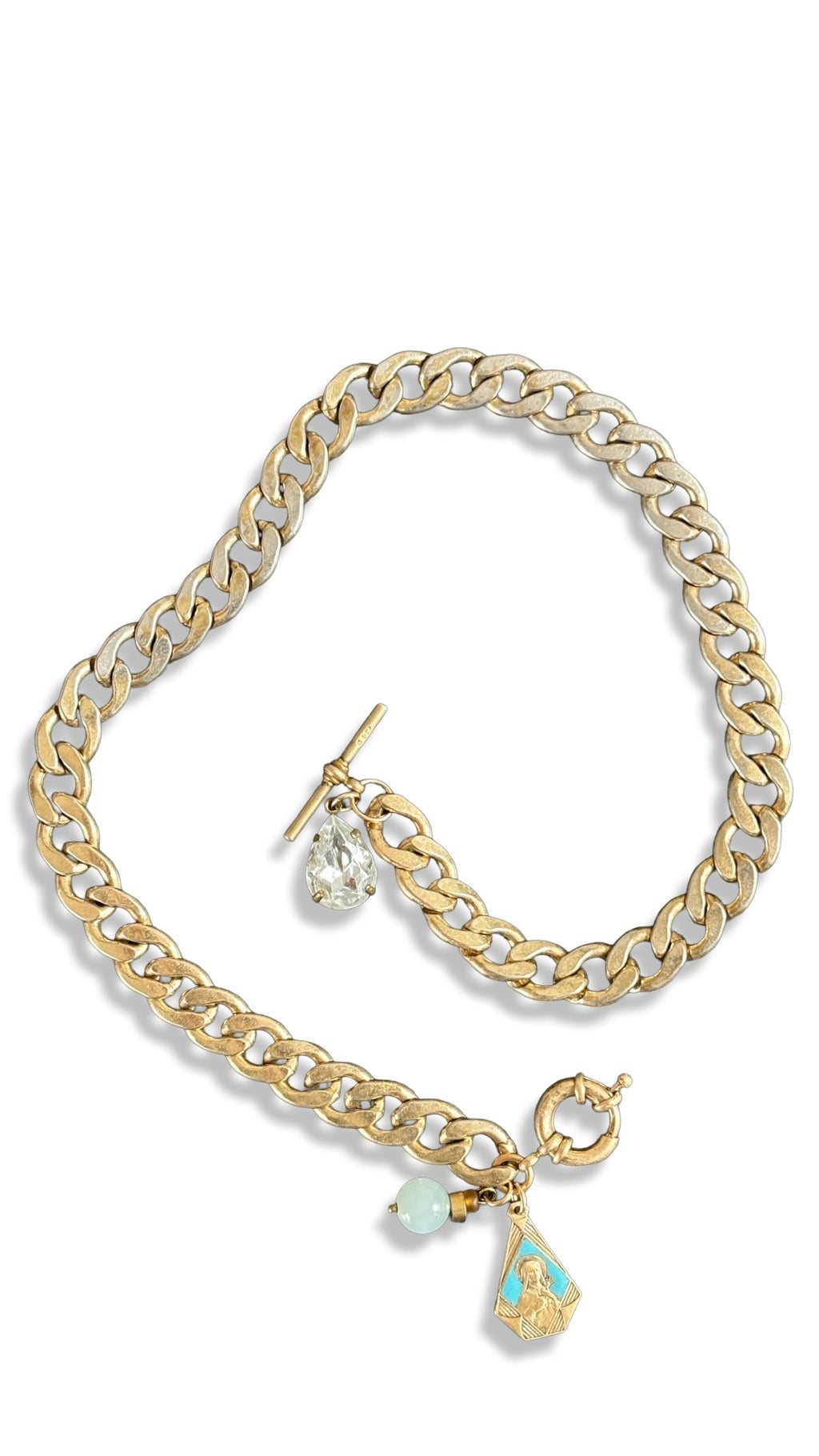 Collier maille gourmette, sainte Thérèse et goutte en strass