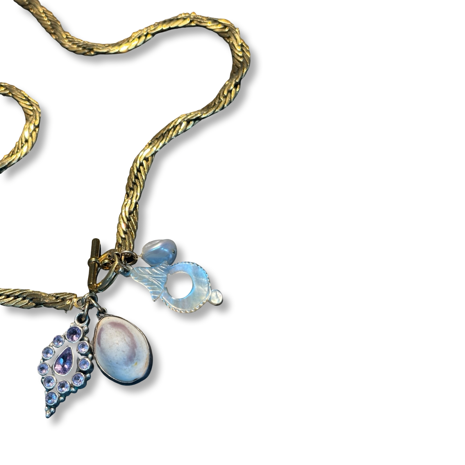 Collier chaîne ancienne , améthyste, motif de nacre et coquillage