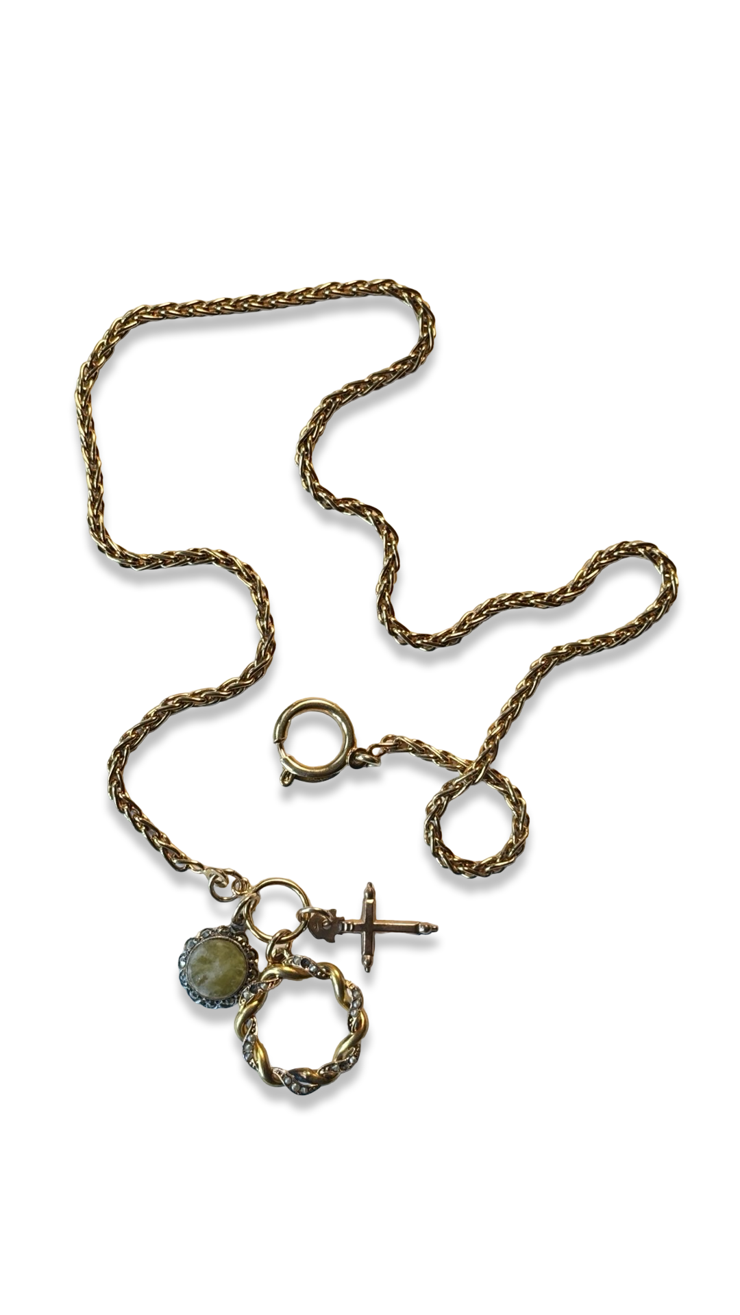 Collier torsadé, croix, couronne et calcite.