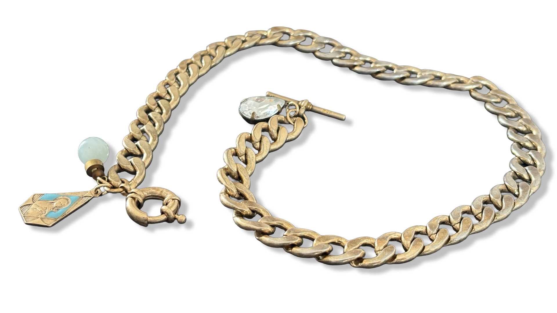 Collier maille gourmette, sainte Thérèse et goutte en strass