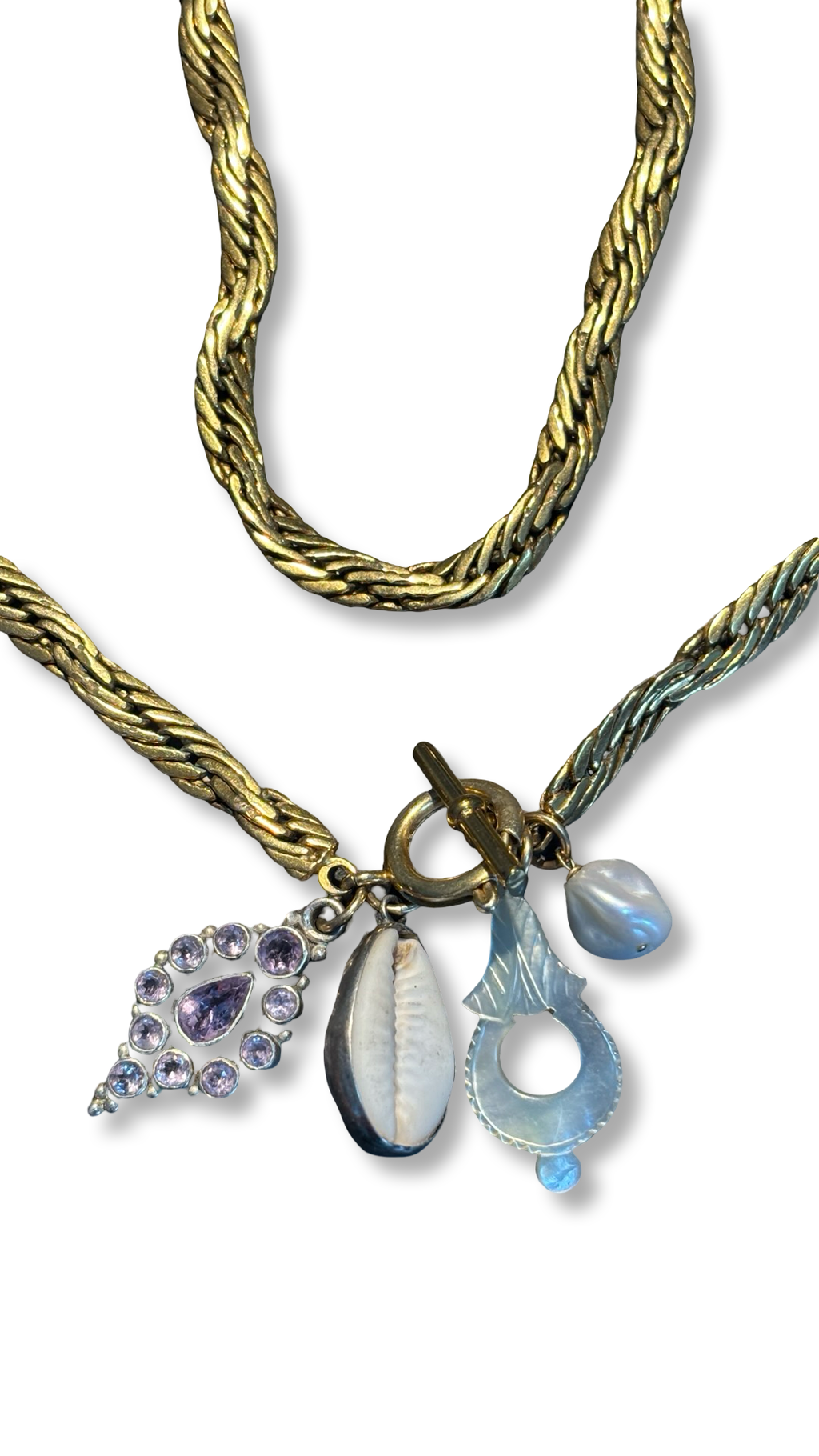 Collier chaîne ancienne , améthyste, motif de nacre et coquillage