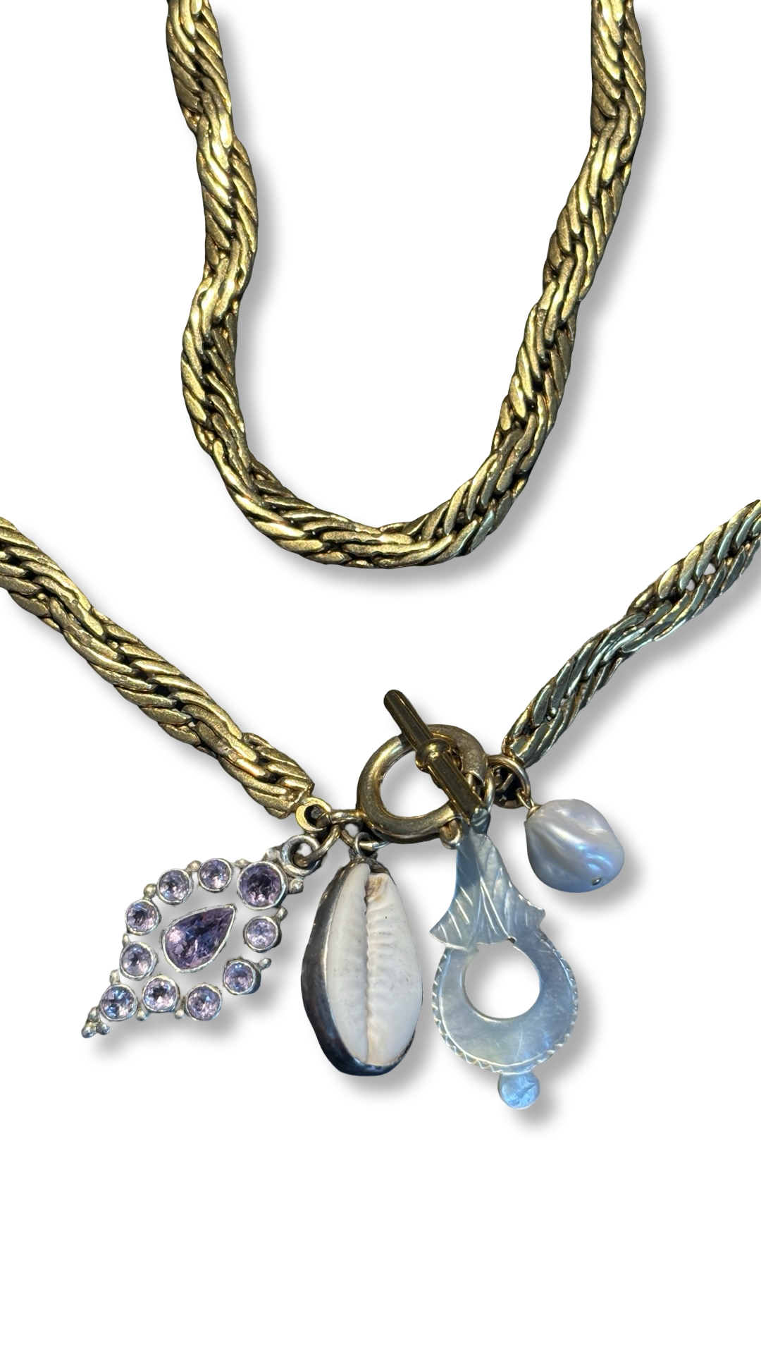 Collier chaîne ancienne , améthyste, motif de nacre et coquillage