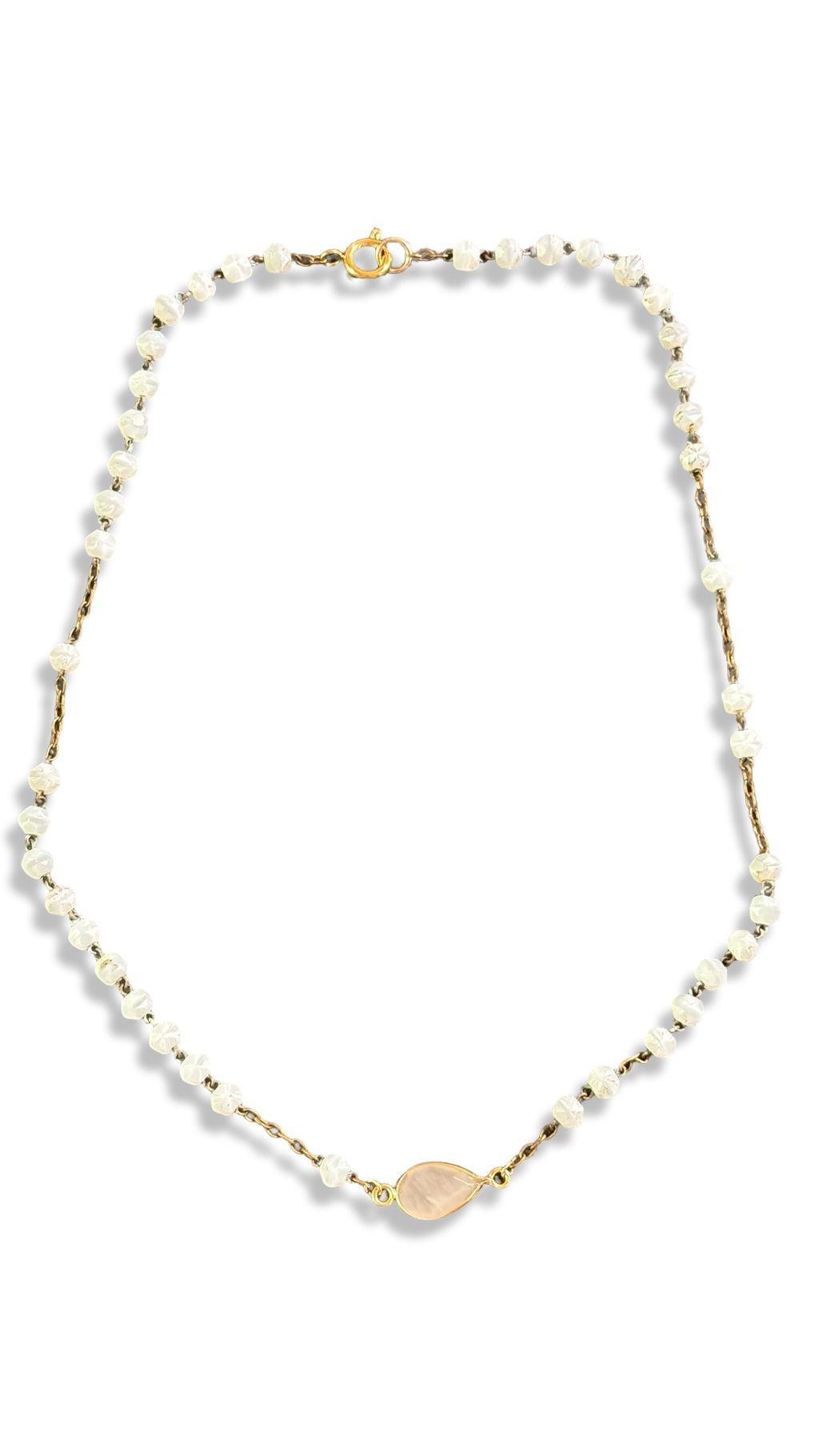 Collier chapelet pâte de verre blanc et quartz pêche