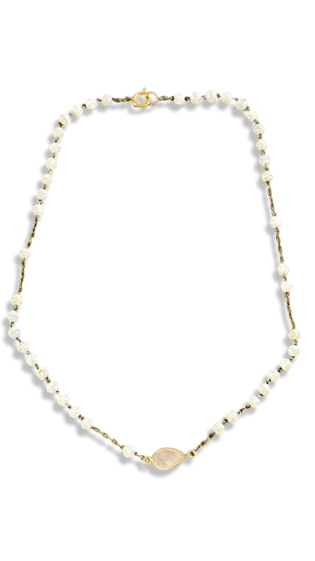 Collier chapelet pâte de verre blanc et quartz pêche