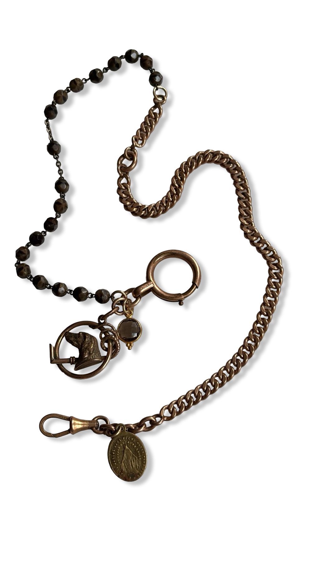 Collier chaîne de montre, chapelet et médaille au chien