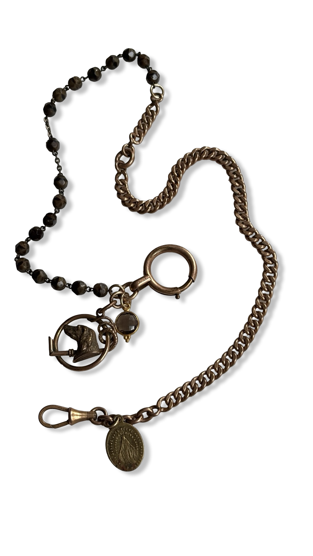 Collier chaîne de montre, chapelet et médaille au chien