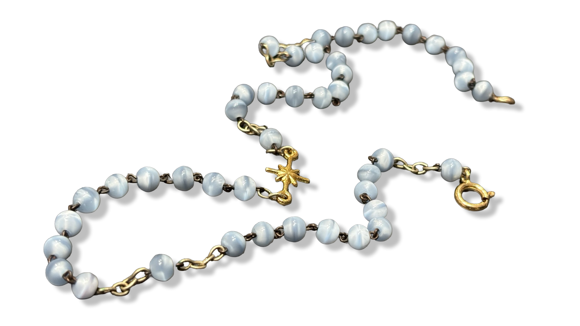 Collier chapelet bleu pale et étoile plaquée or