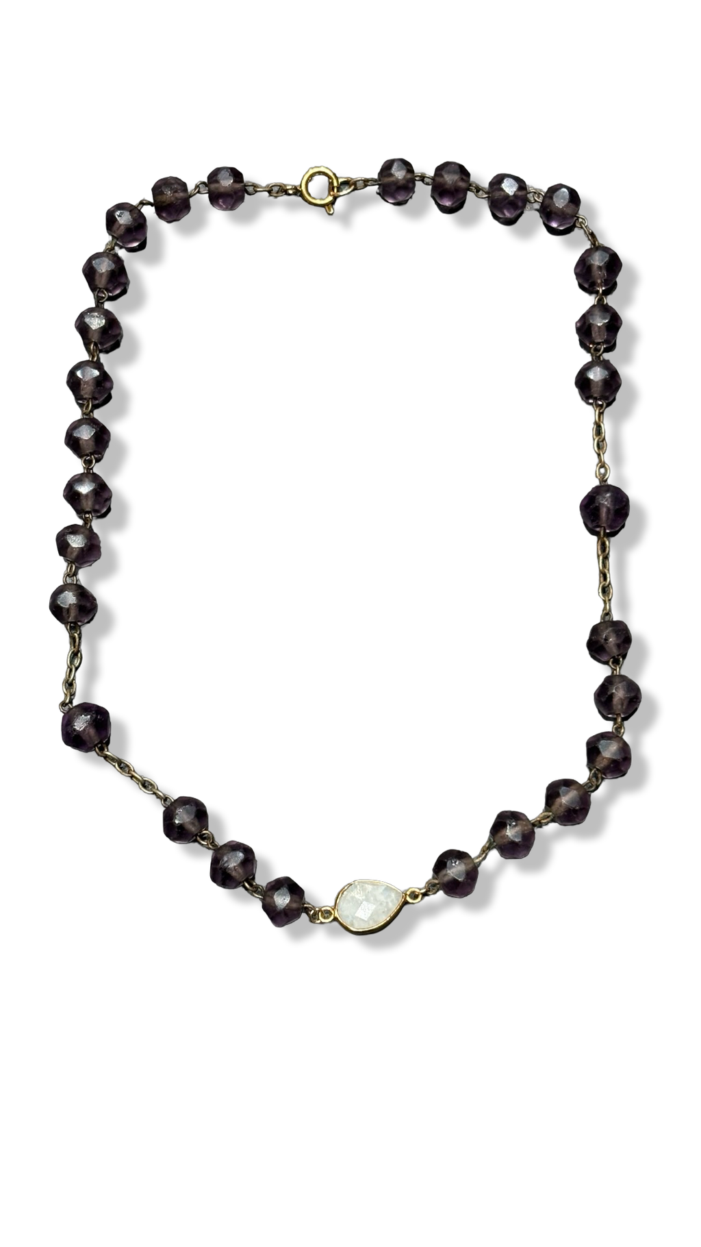 Collier chapelet en perles de verre mat violettes et Pierre de Lune