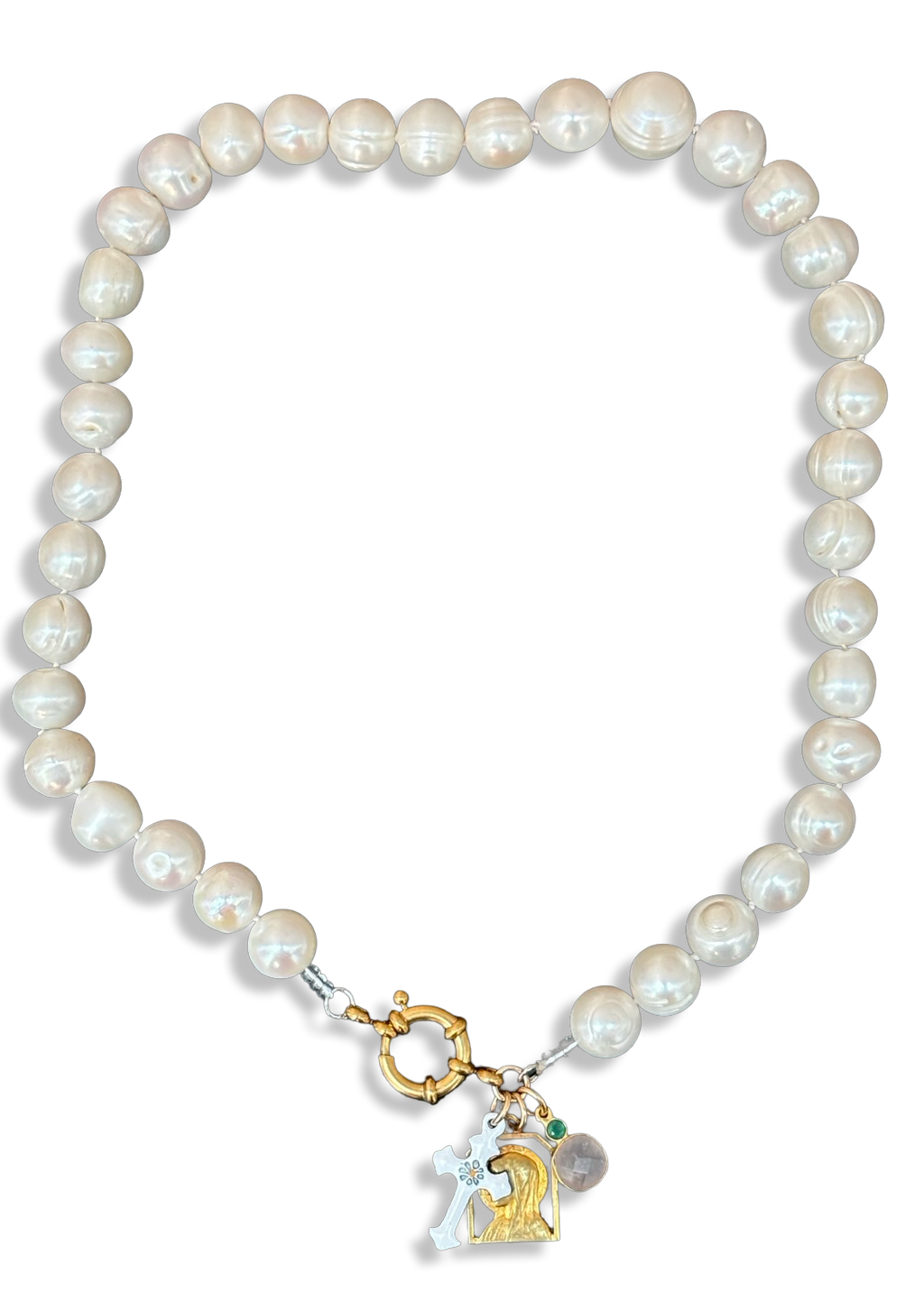 Collier de perles baroques, croix bretonne, Vierge au Voile et Quartz rose