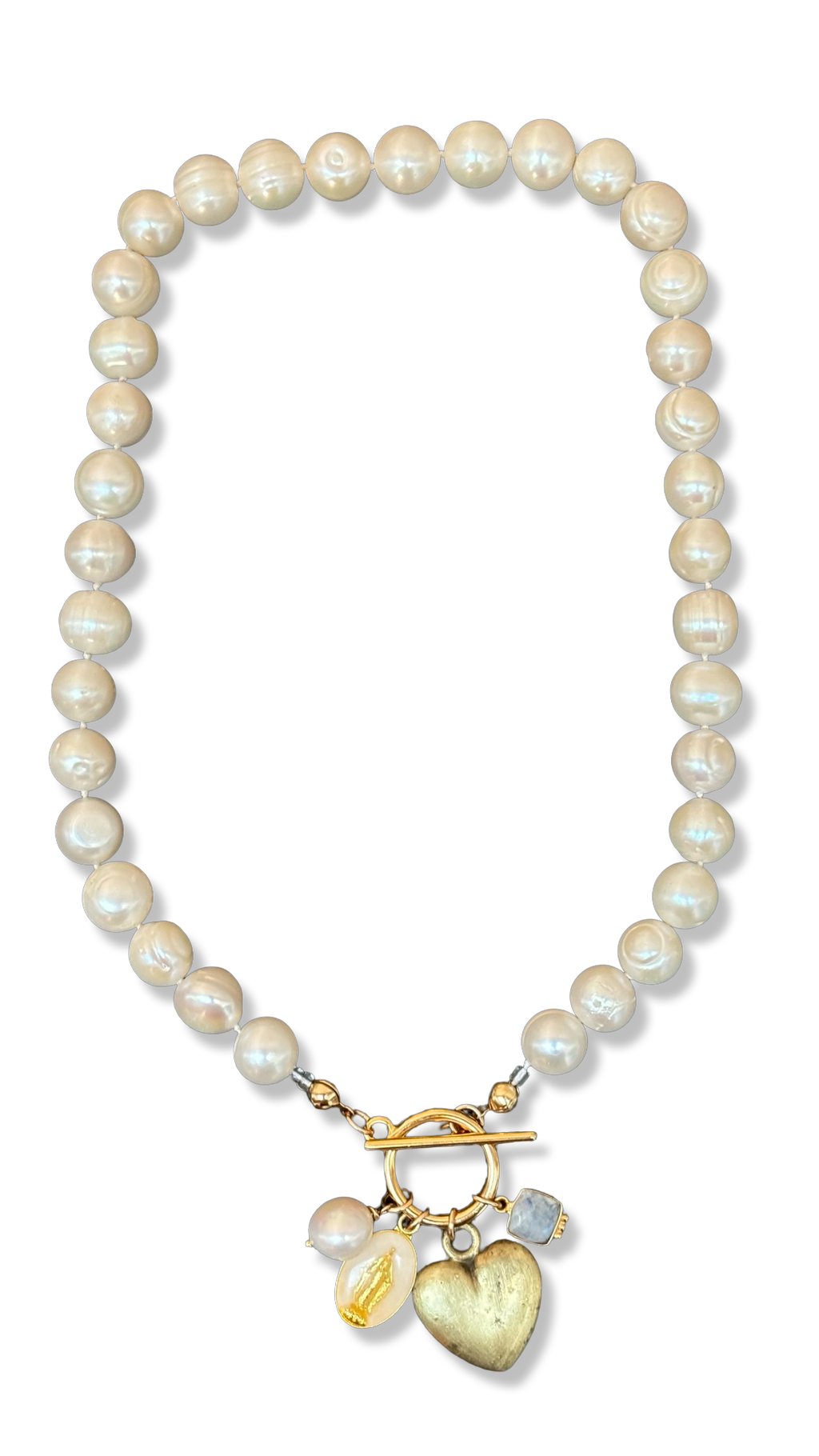 Collier de perles baroques, cœur 80s, Médaille Miraculeuse et Pierre de Lune