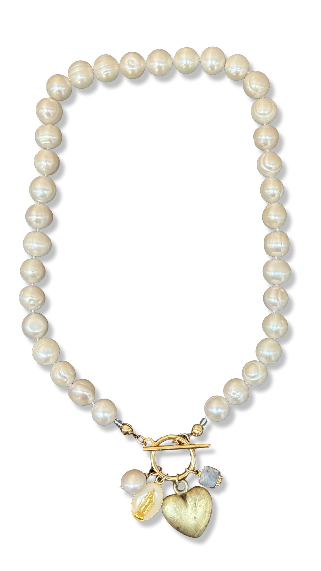 Collier de perles baroques, cœur 80s, Médaille Miraculeuse et Pierre de Lune
