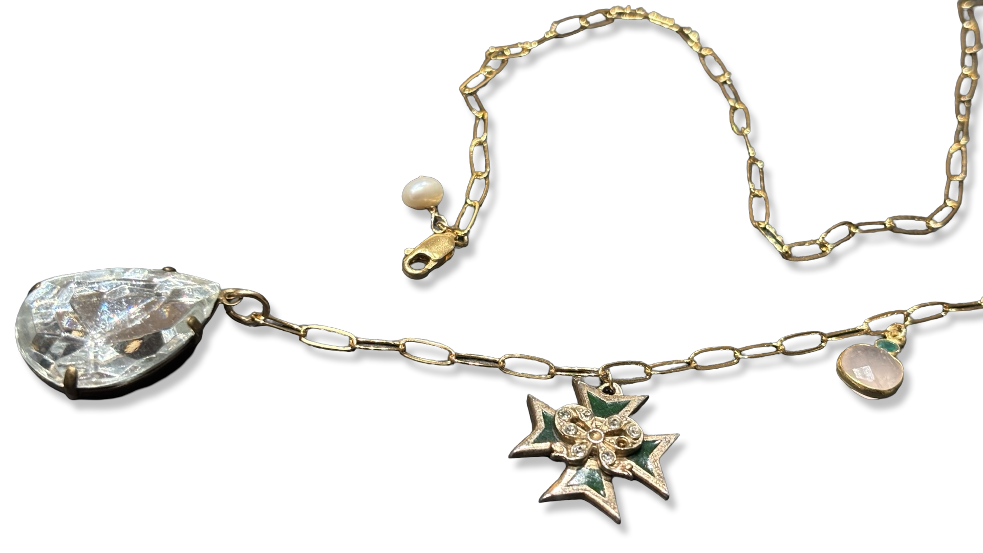 Collier lasso, large strass goutte, croix de Malte