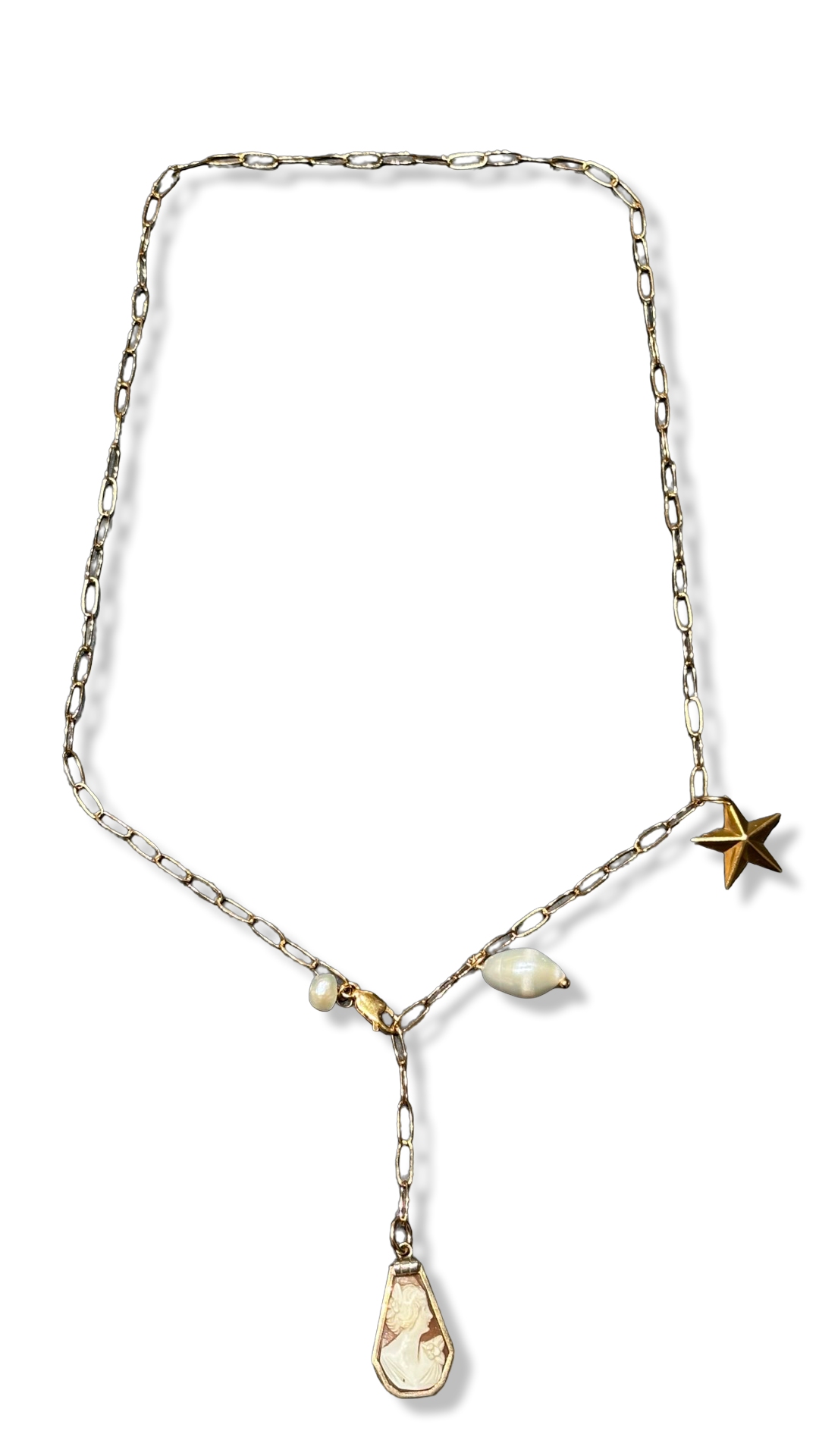 Collier lasso , Camee Art Deco et perle fantaisie