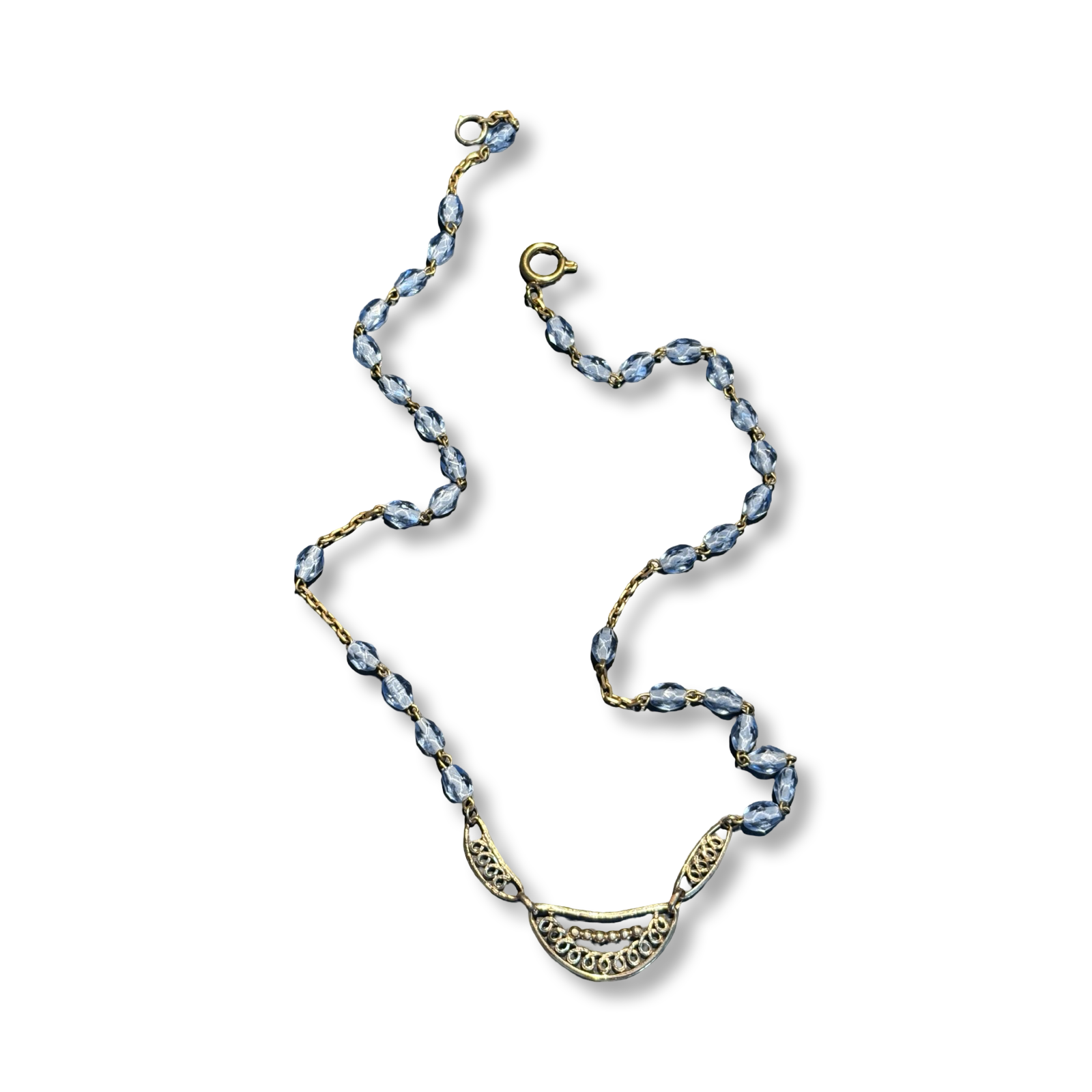 Collier chapelet bleu et motif ancien en filigrane