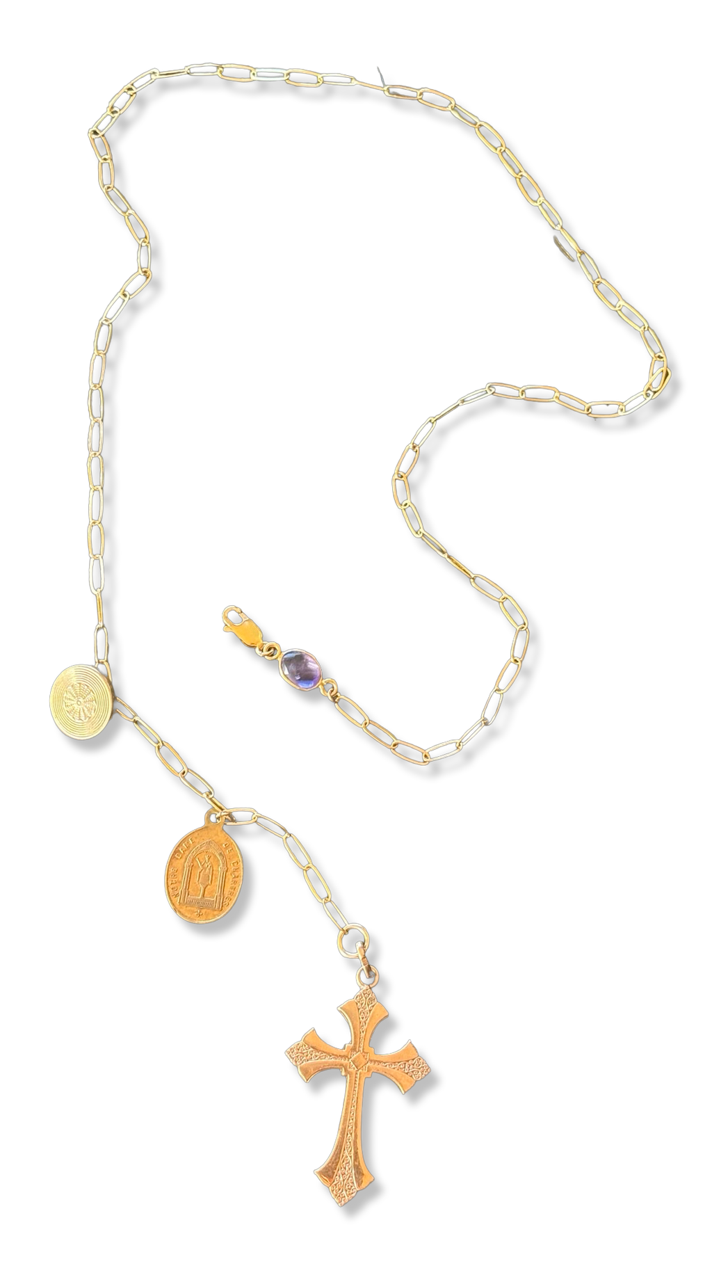 Collier lasso Croix ancienne, médailles et améthyste
