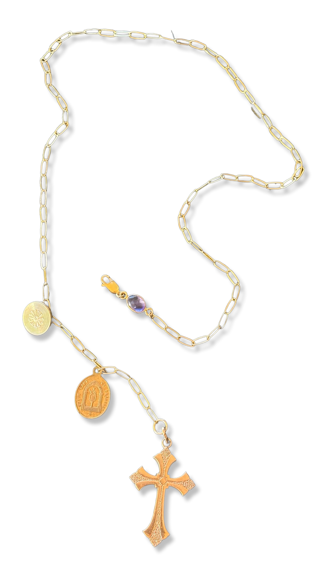 Collier lasso Croix ancienne, médailles et améthyste