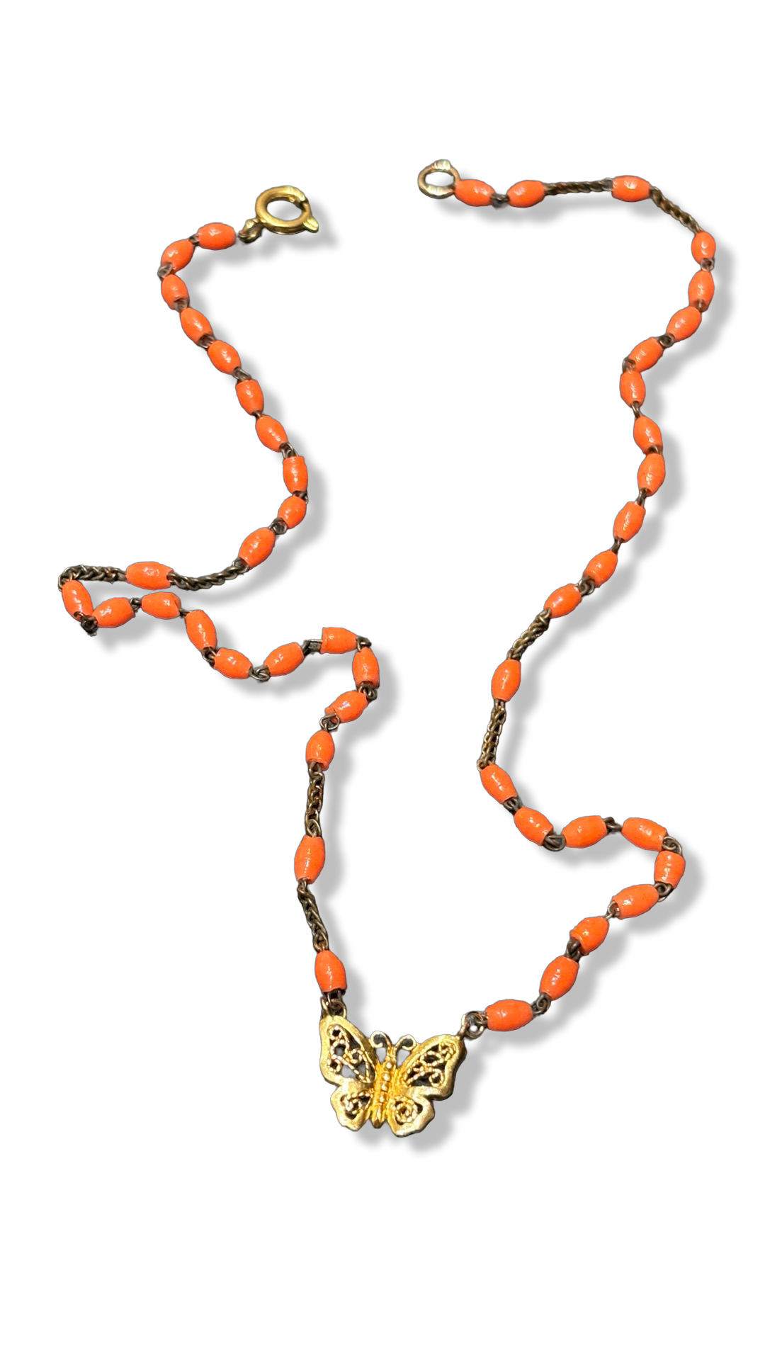 Collier chapelet orange et papillon en filigrane