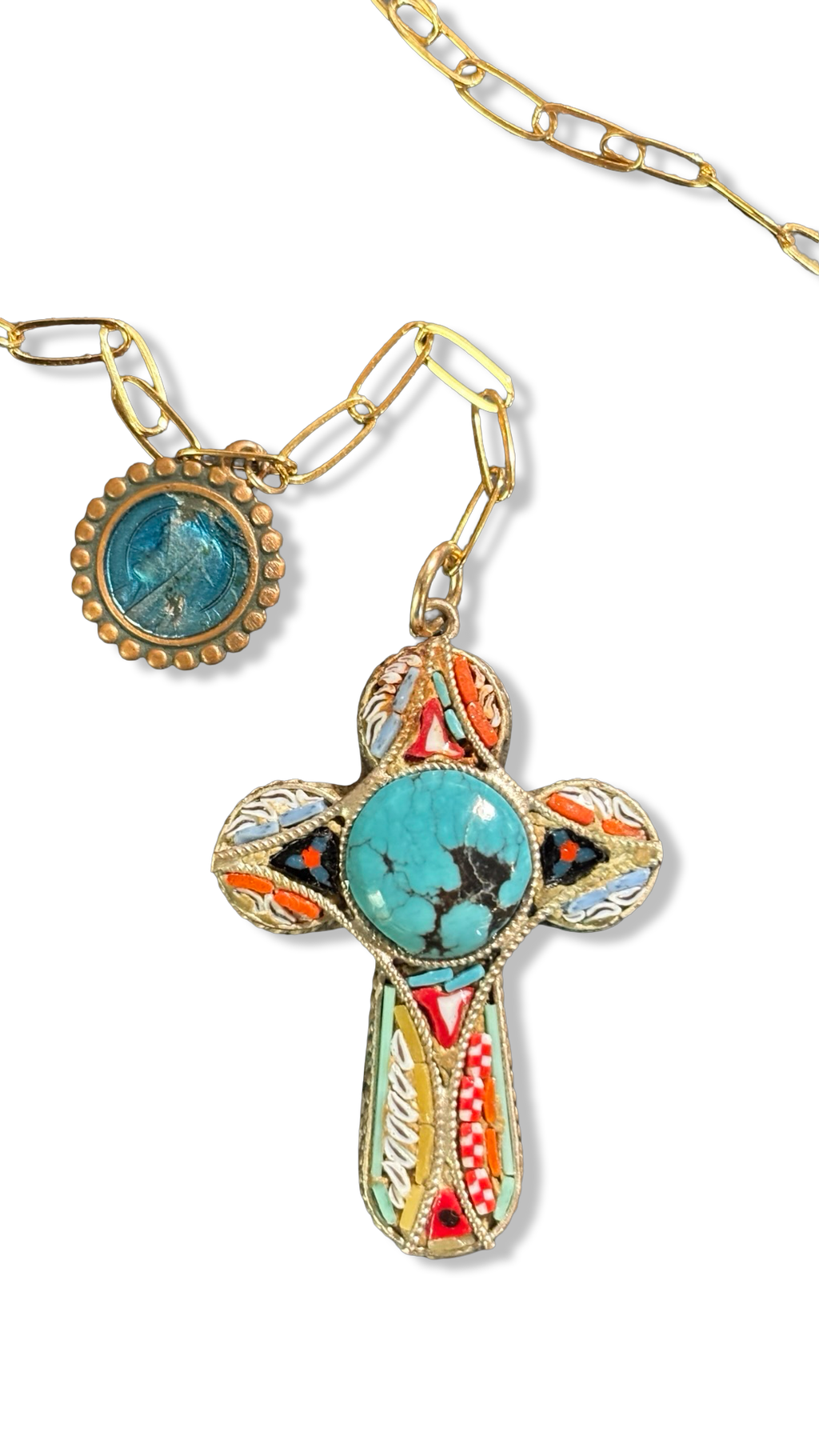 Collier lasso et croix italienne et turquoise