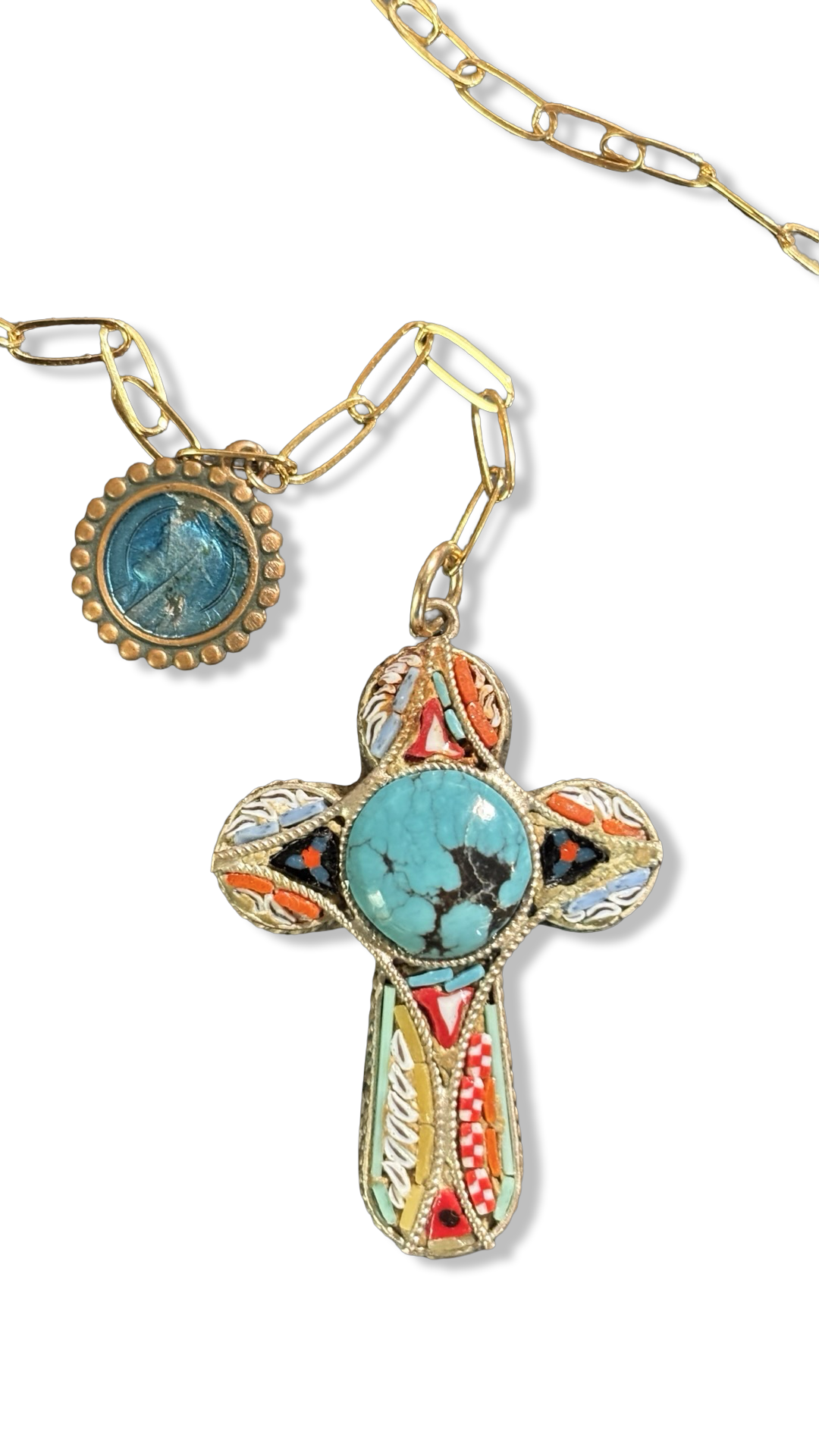 Collier lasso et croix italienne et turquoise