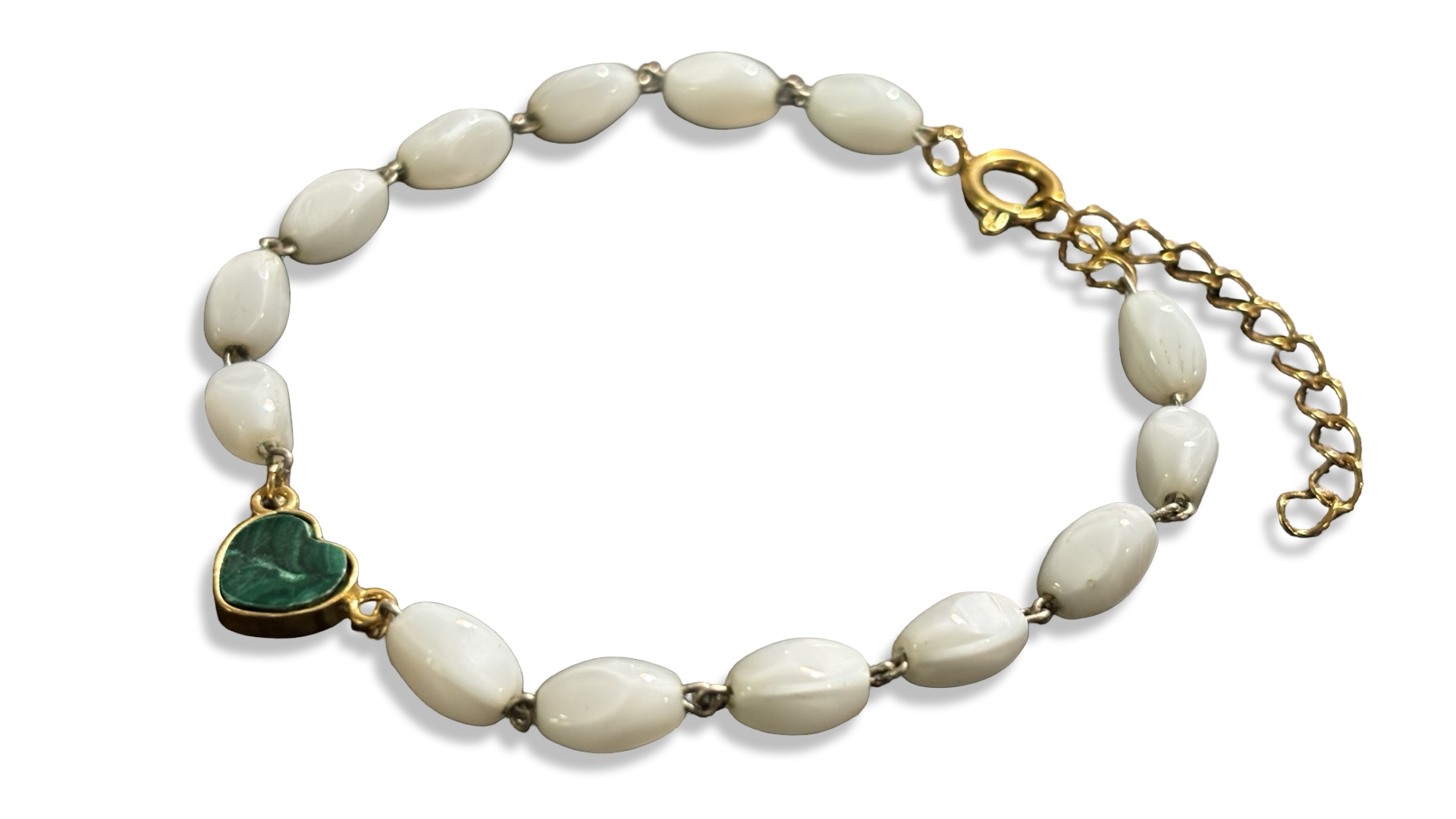 Bracelet chapelet blanc et cœur de malachite