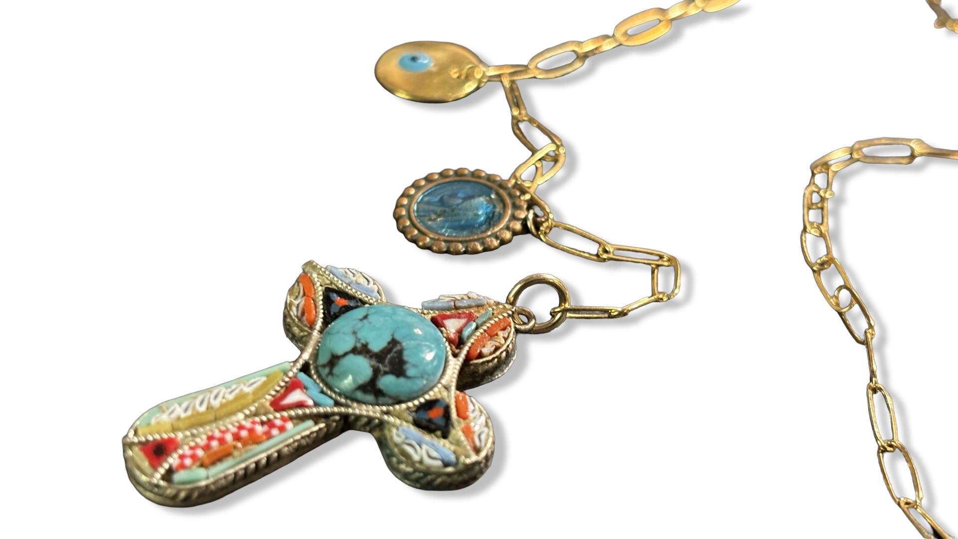Collier lasso et croix italienne et turquoise