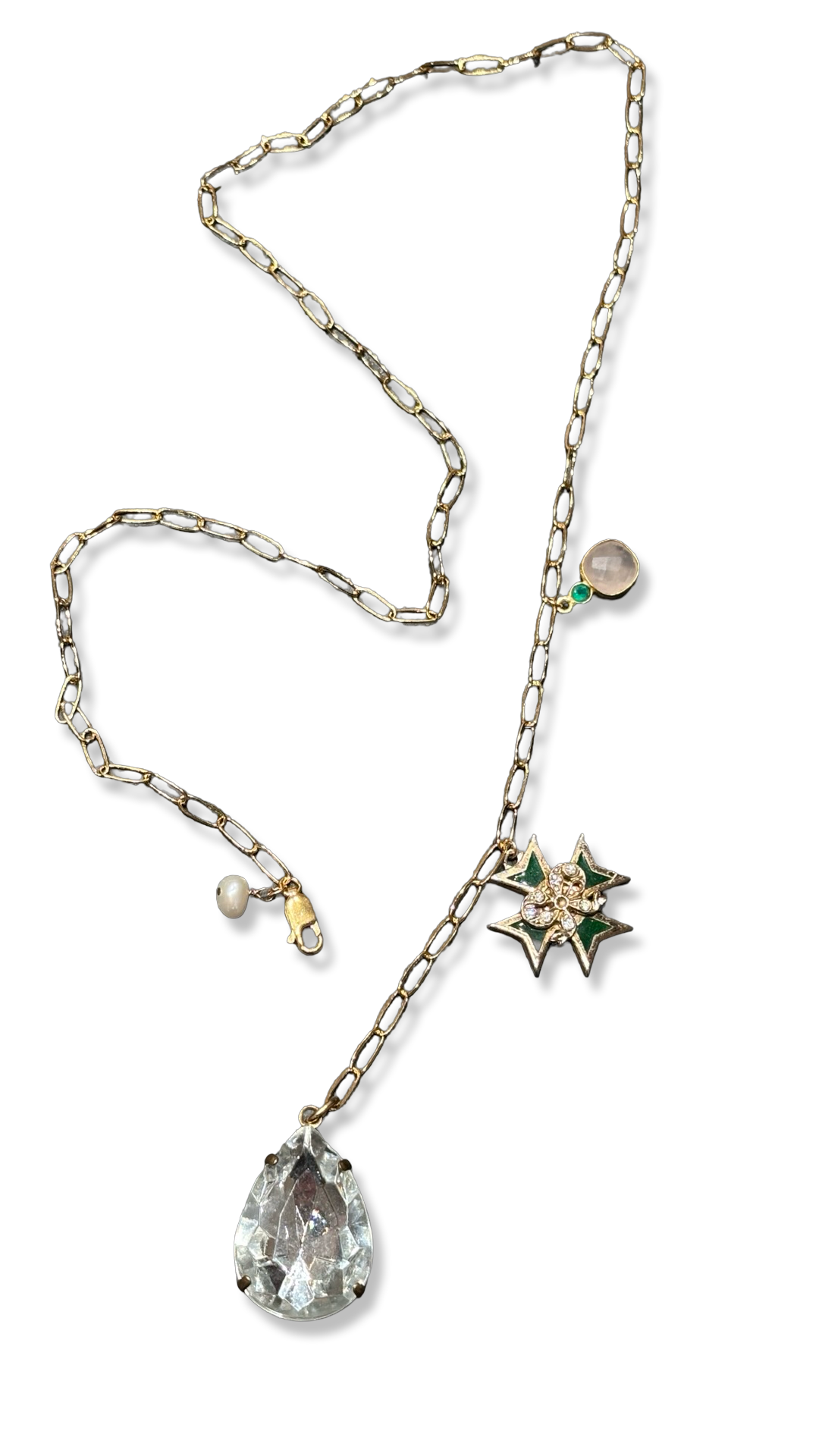 Collier lasso, large strass goutte, croix de Malte