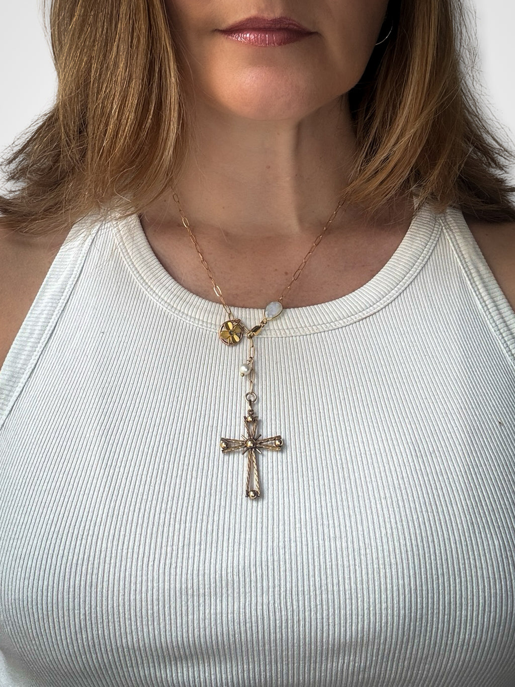 Collier lasso, Pierre de lune et Croix années 50