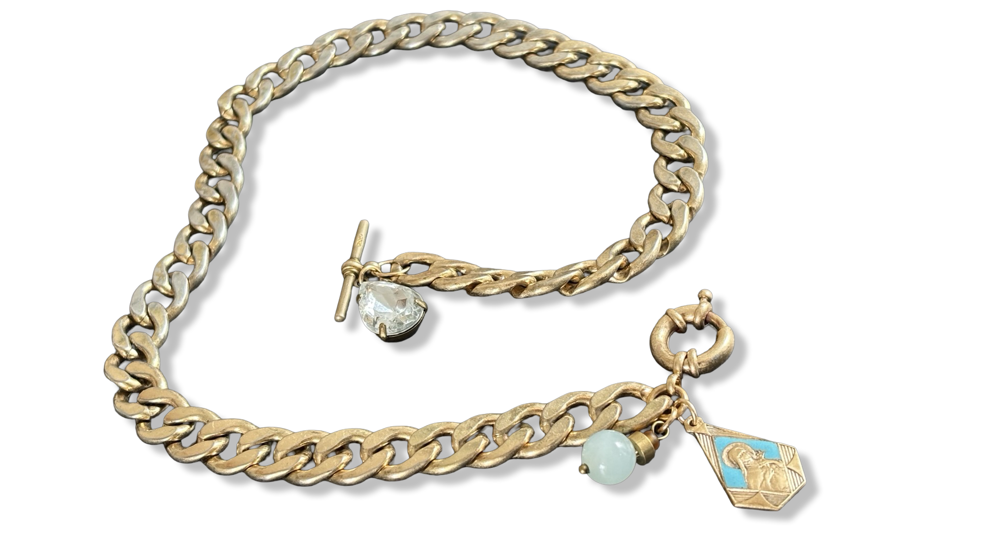 Collier maille gourmette, sainte Thérèse et goutte en strass