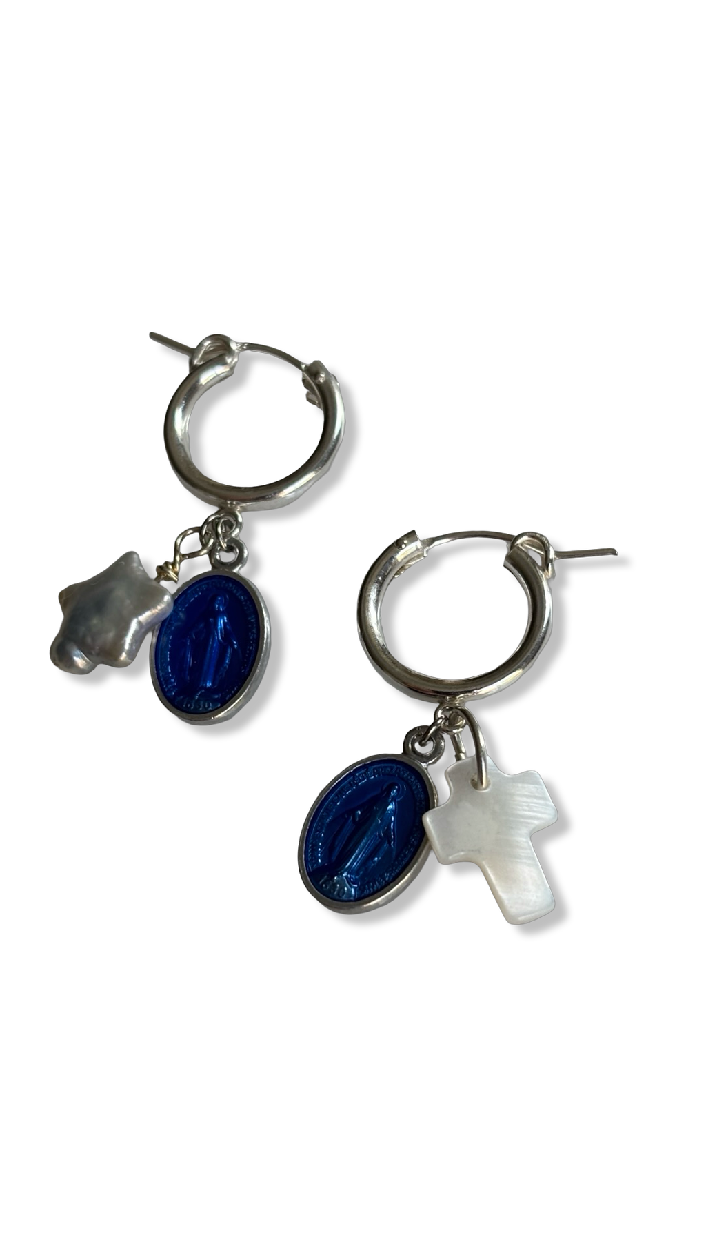 Mini créoles argent, medaille miraculeuse et nacre