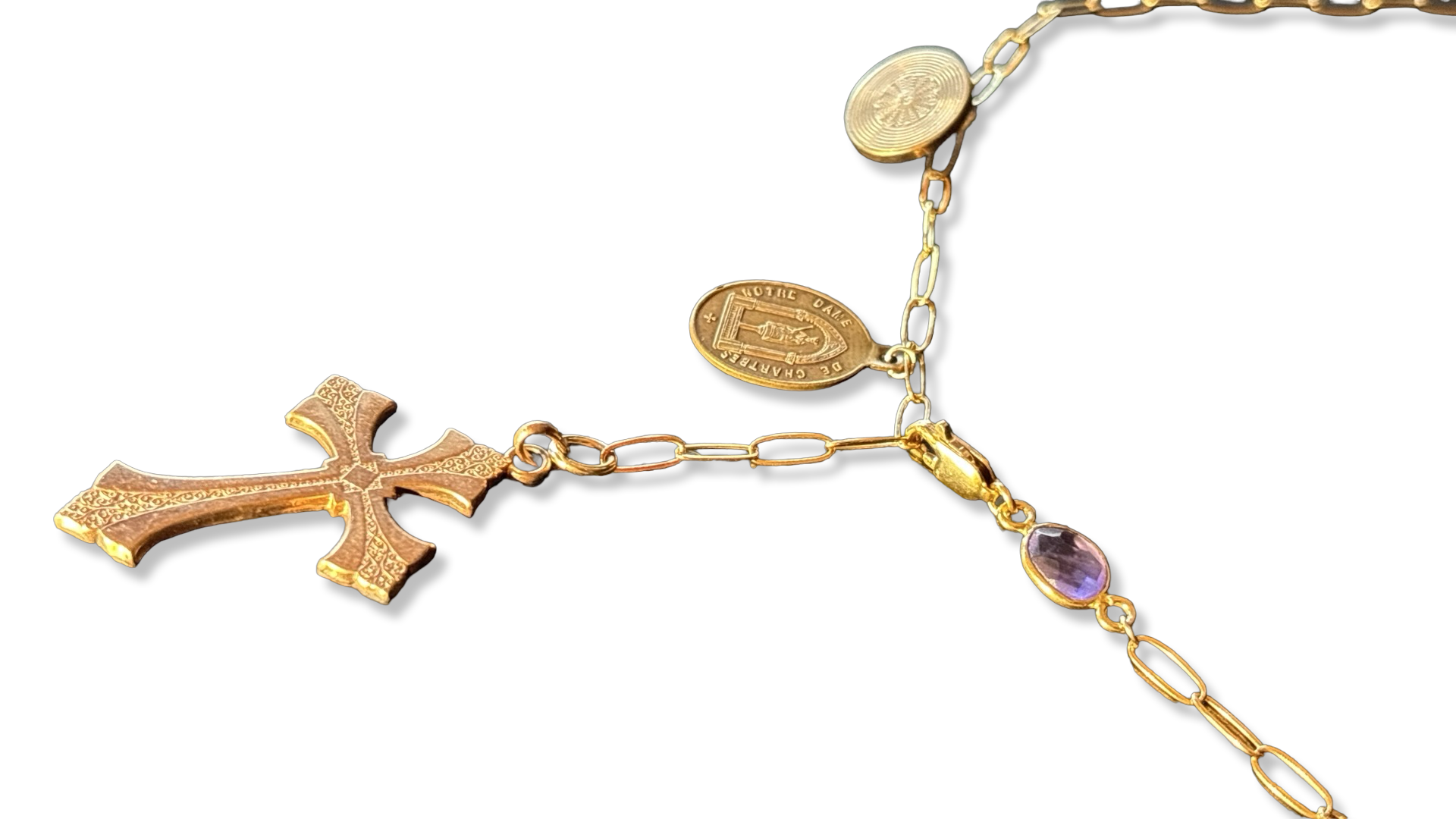Collier lasso Croix ancienne, médailles et améthyste