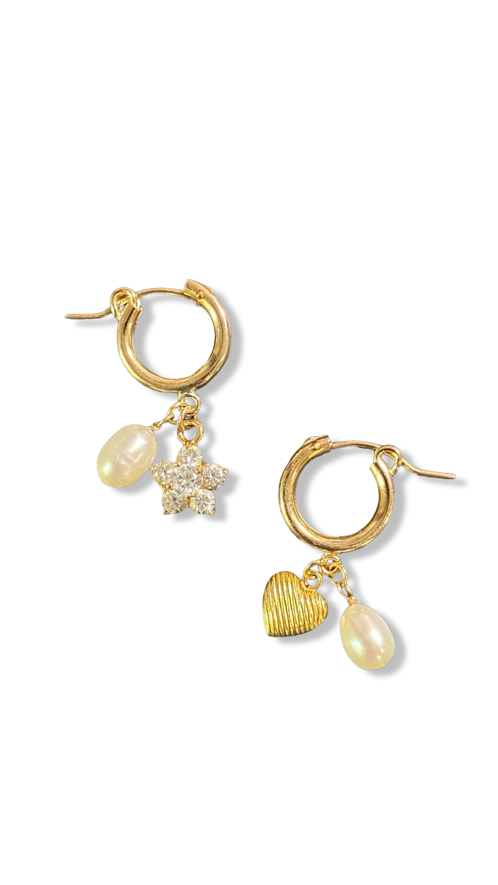 Mini créoles goldfilled, fleur en strass, cœur et perles