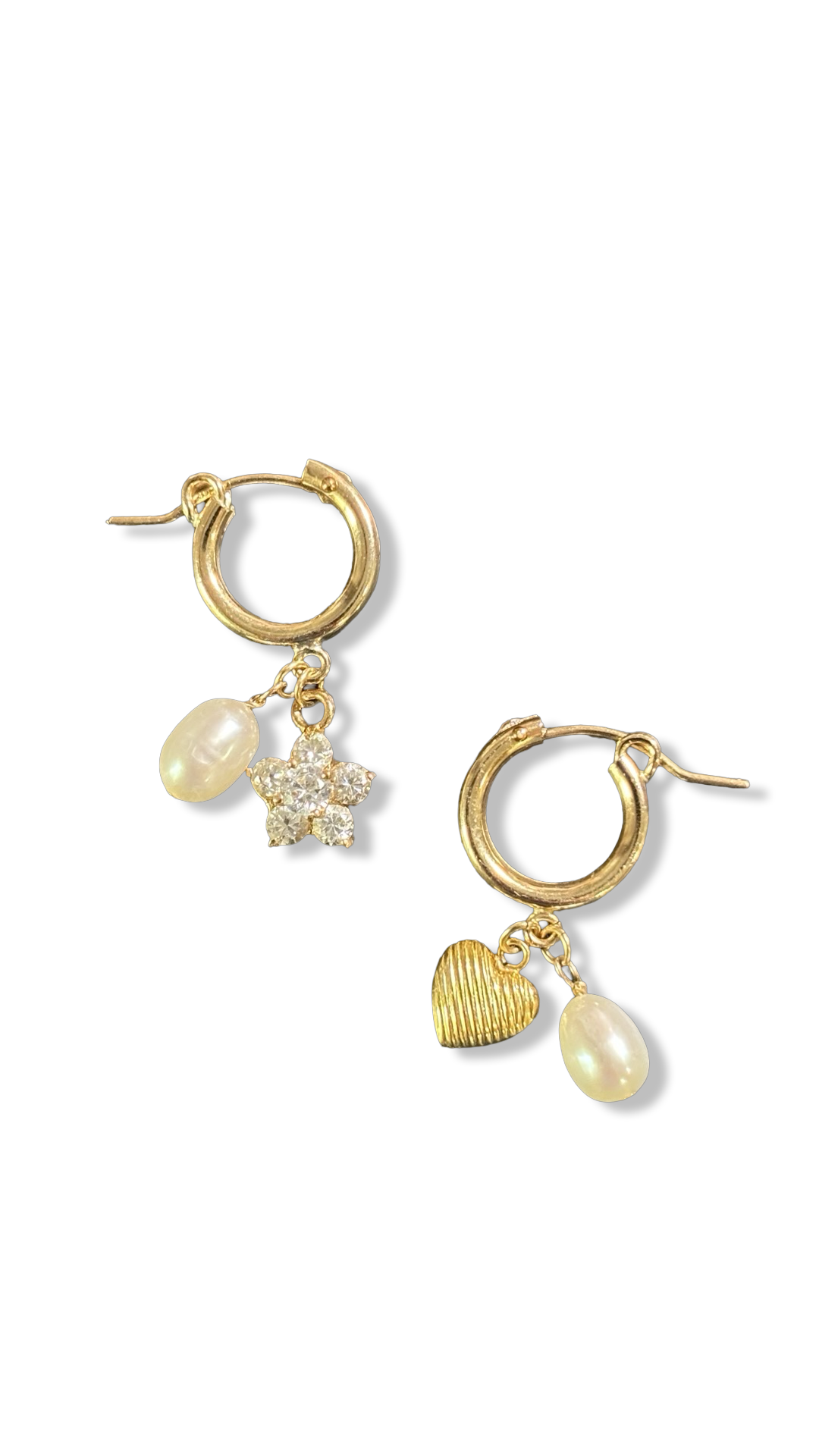 Mini créoles goldfilled, fleur en strass, cœur et perles