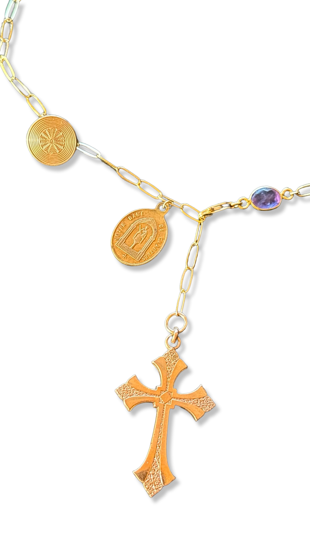 Collier lasso Croix ancienne, médailles et améthyste